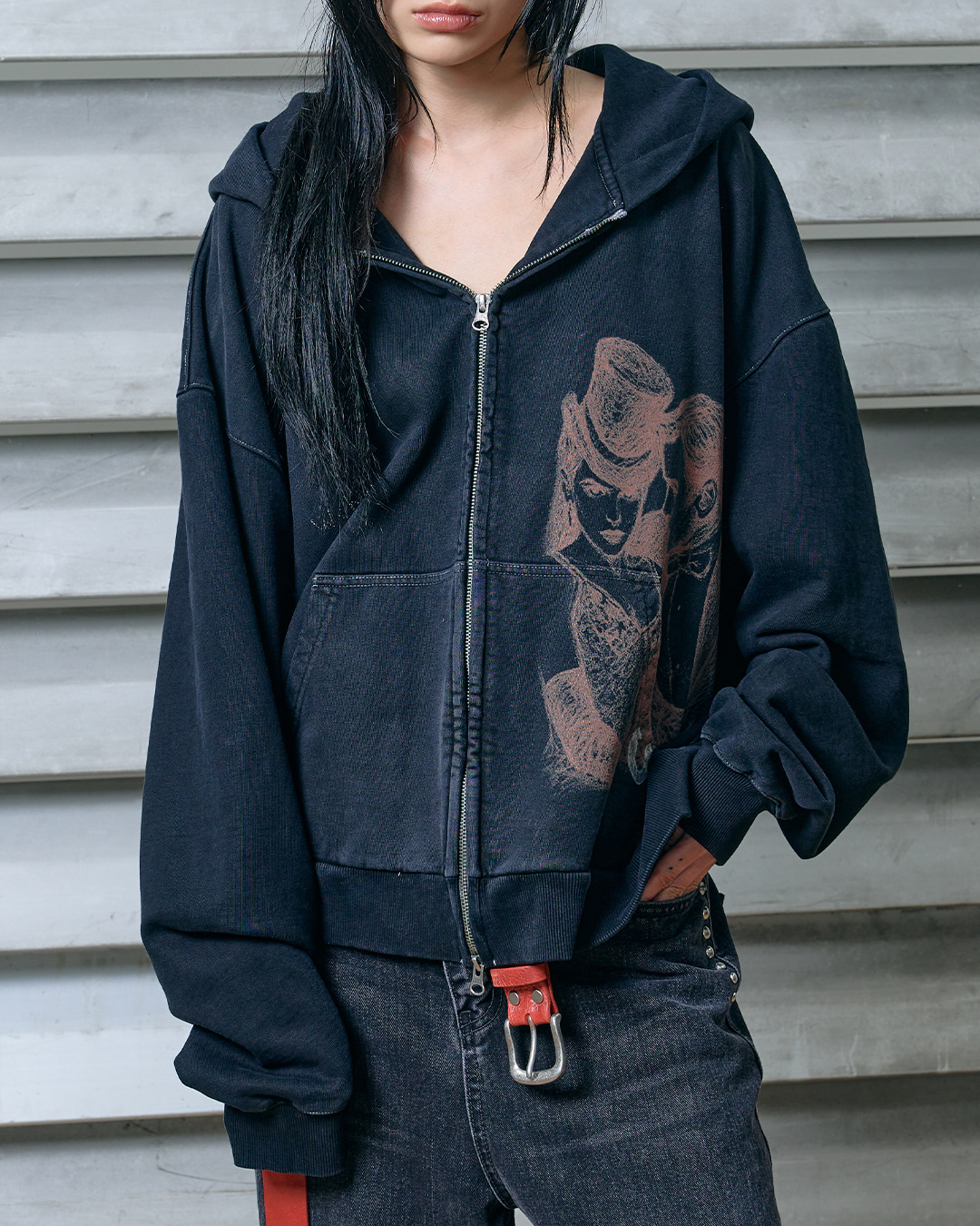UNISEX] OVERSIZED MOULIN ROUGE ZIP-UP HOODIE (BLACK) - 웨스켄
