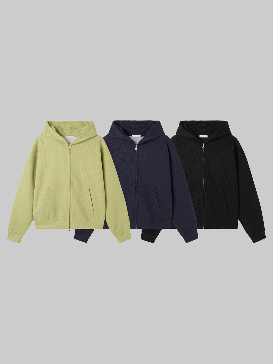 [와플짜임] 로드 와플 크롭 후드 집업 (3color)