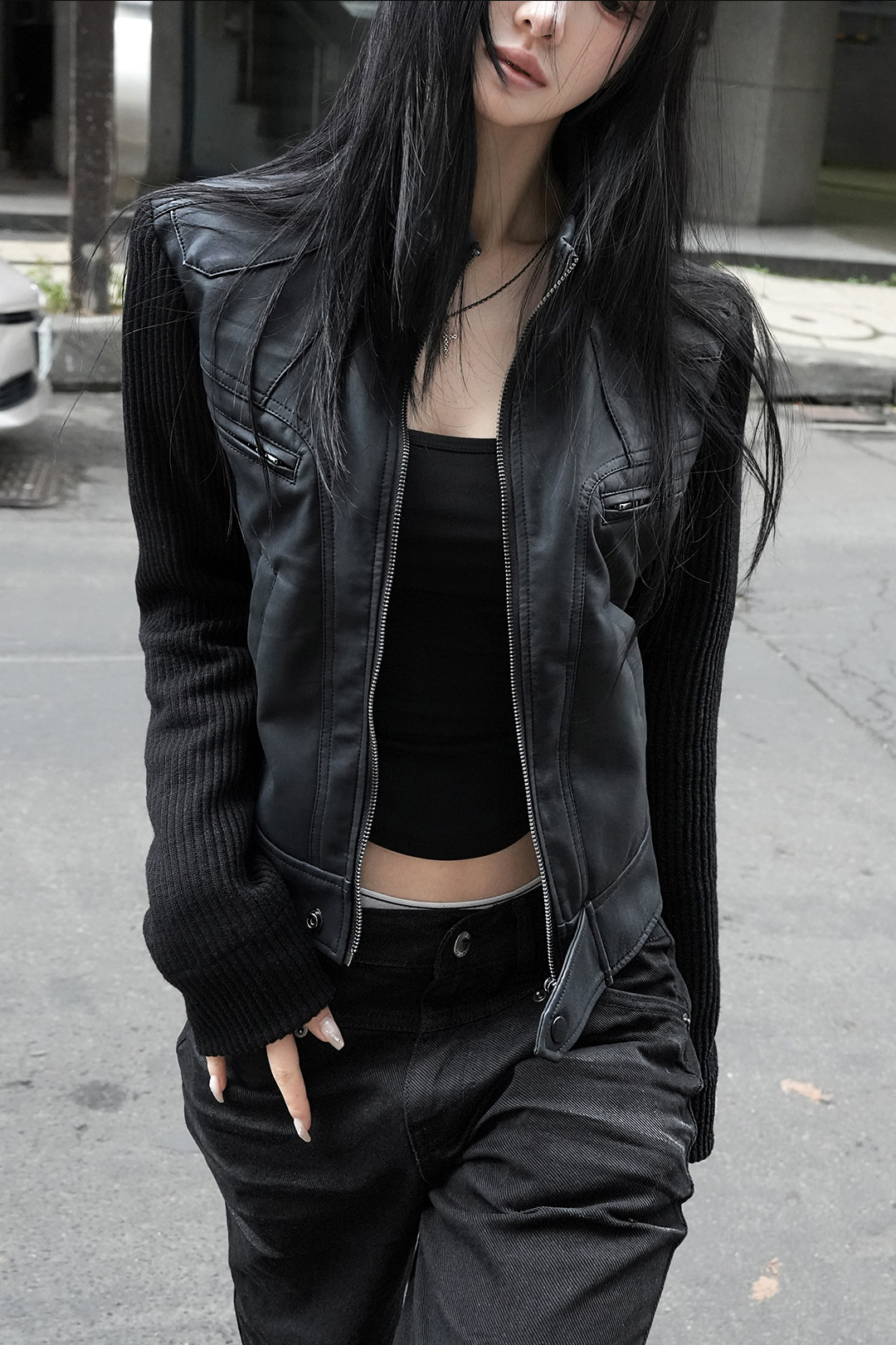 KNIT-SLEEVE MATTE LEATHER JACKET , BLACK - 하츠코시
