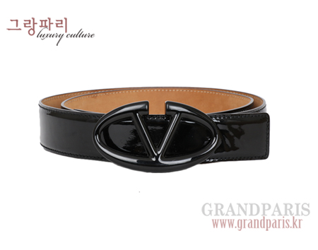 블랙 페이턴트 V 로고 벨트 80