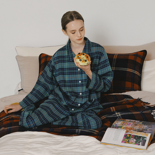 Holiday peach fleece-lined check Long-sleeve Pyjama set green