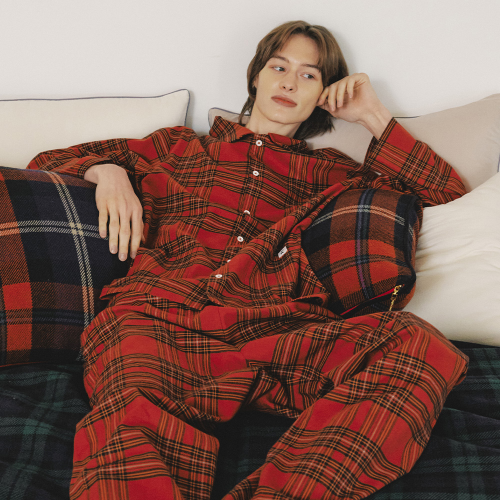 Holiday peach fleece-lined check Long-sleeve Pyjama set red