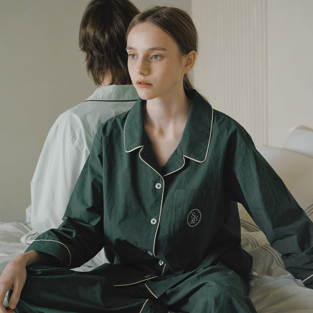 Essential Washed Long-sleeve Pyjama set deep green