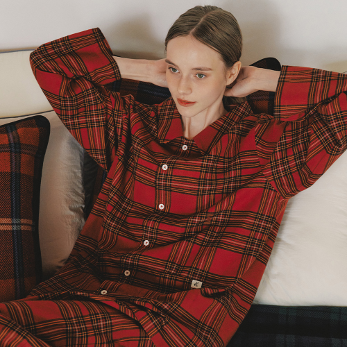 Holiday peach fleece-lined check Long-sleeve Pyjama set red