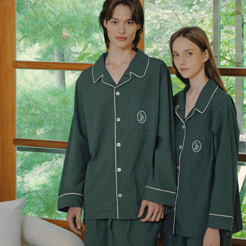 Essential Washed Long-sleeve Pyjama set deep green