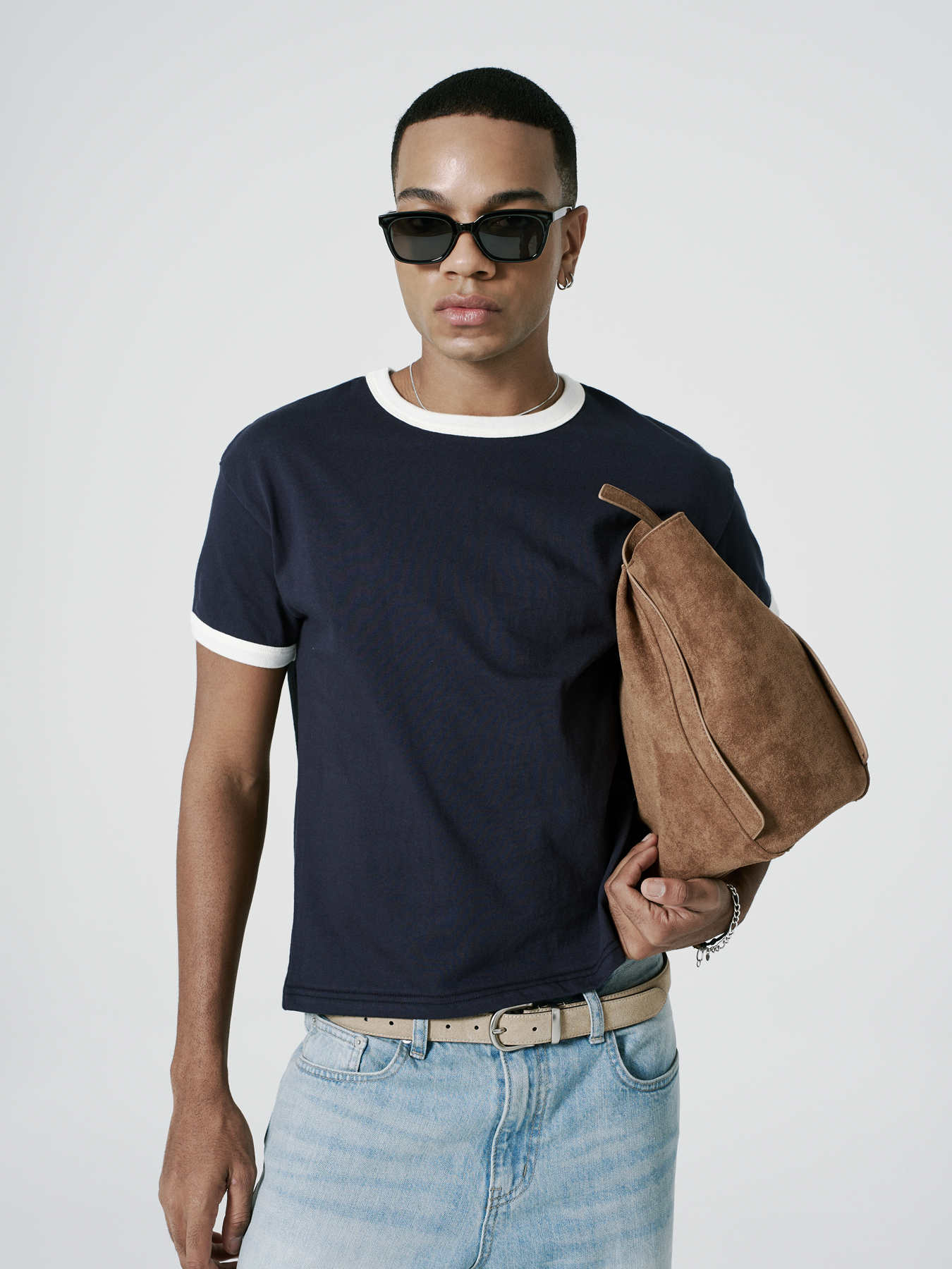 CONTRAST RINGER CROP T-SHIRT_NAVY/IVORY - Murless
