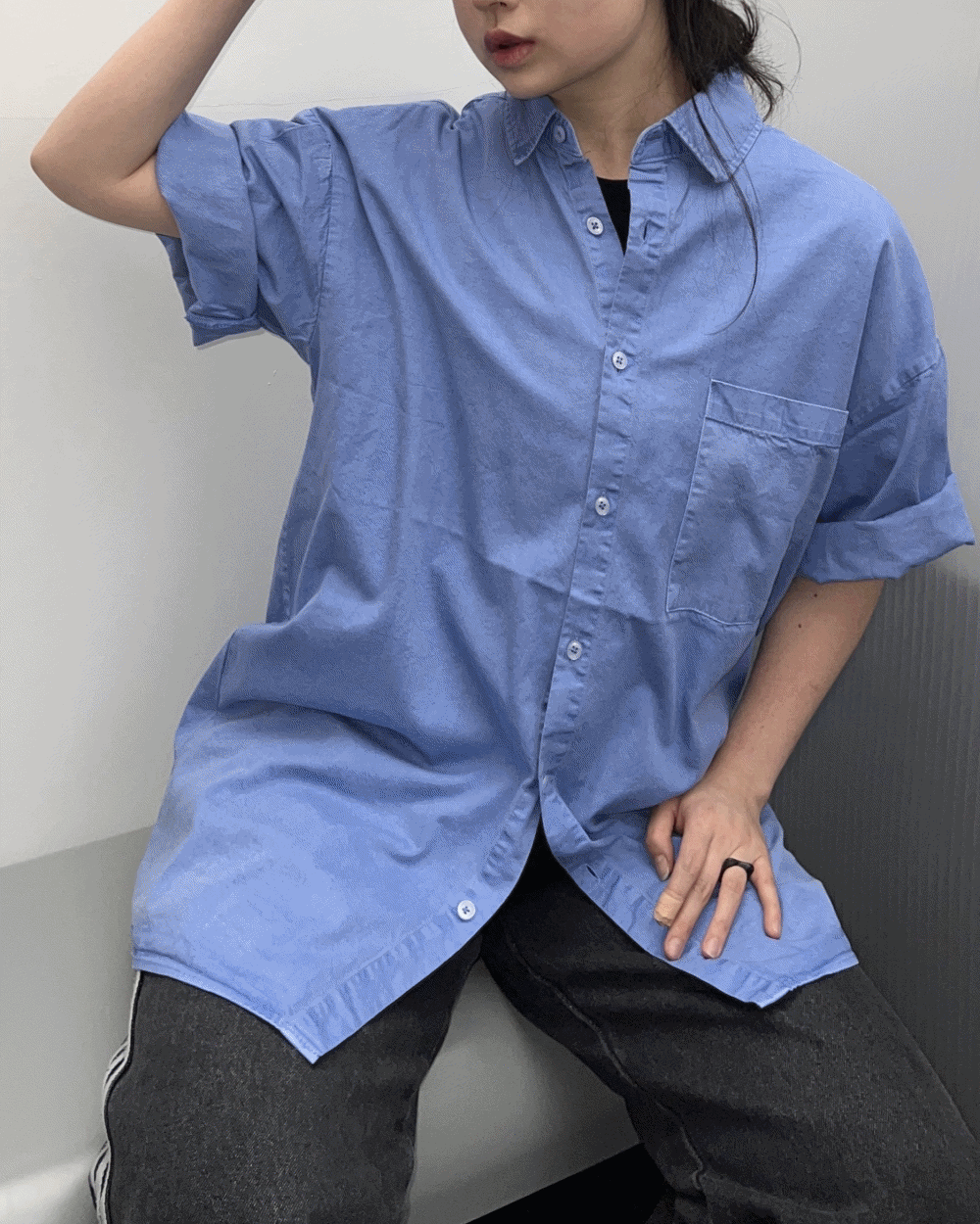 [unisex] 레이 피그먼트 오버핏 반팔 셔츠 (3 color)
