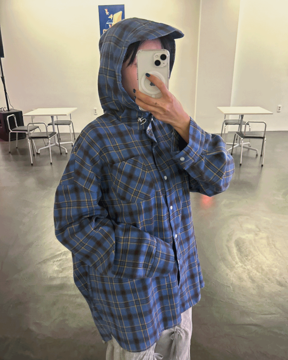 [unisex] 스튜디오 후드캡 오버핏 체크 셔츠 (2 color)