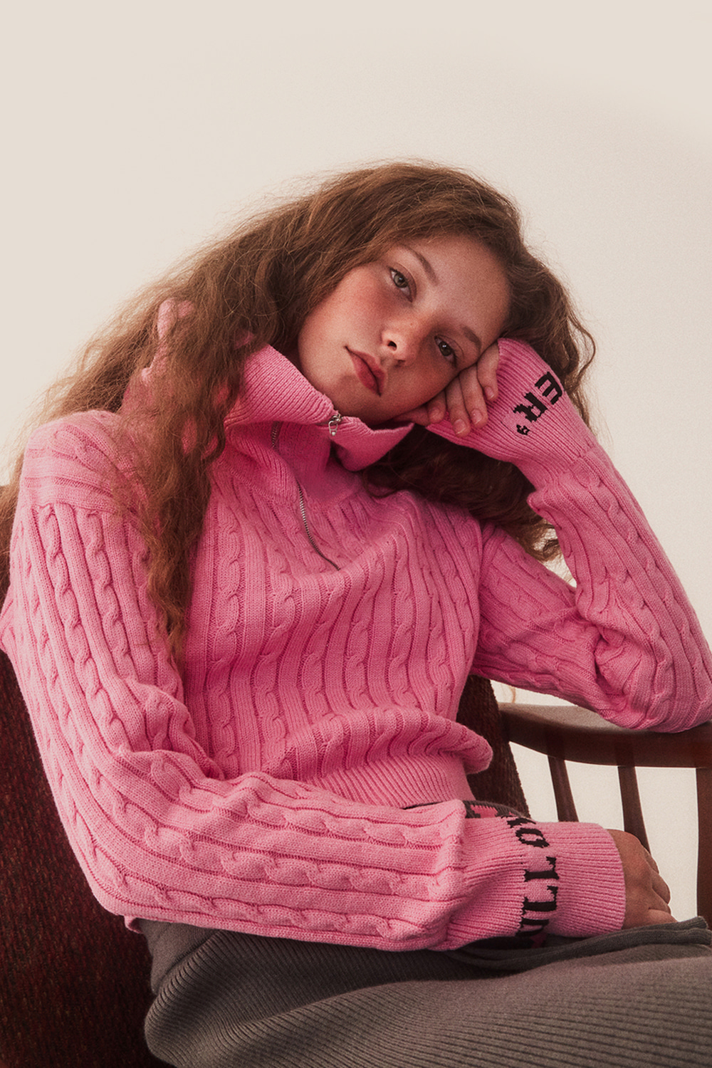 CABLE KNIT HALF ZIP-UP_SOFT PINK