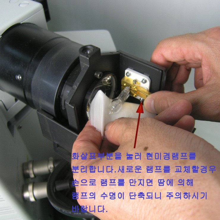 올림푸스 현미경 램프 고정 단자 버튼을 눌러 램프를 분리하는 모습