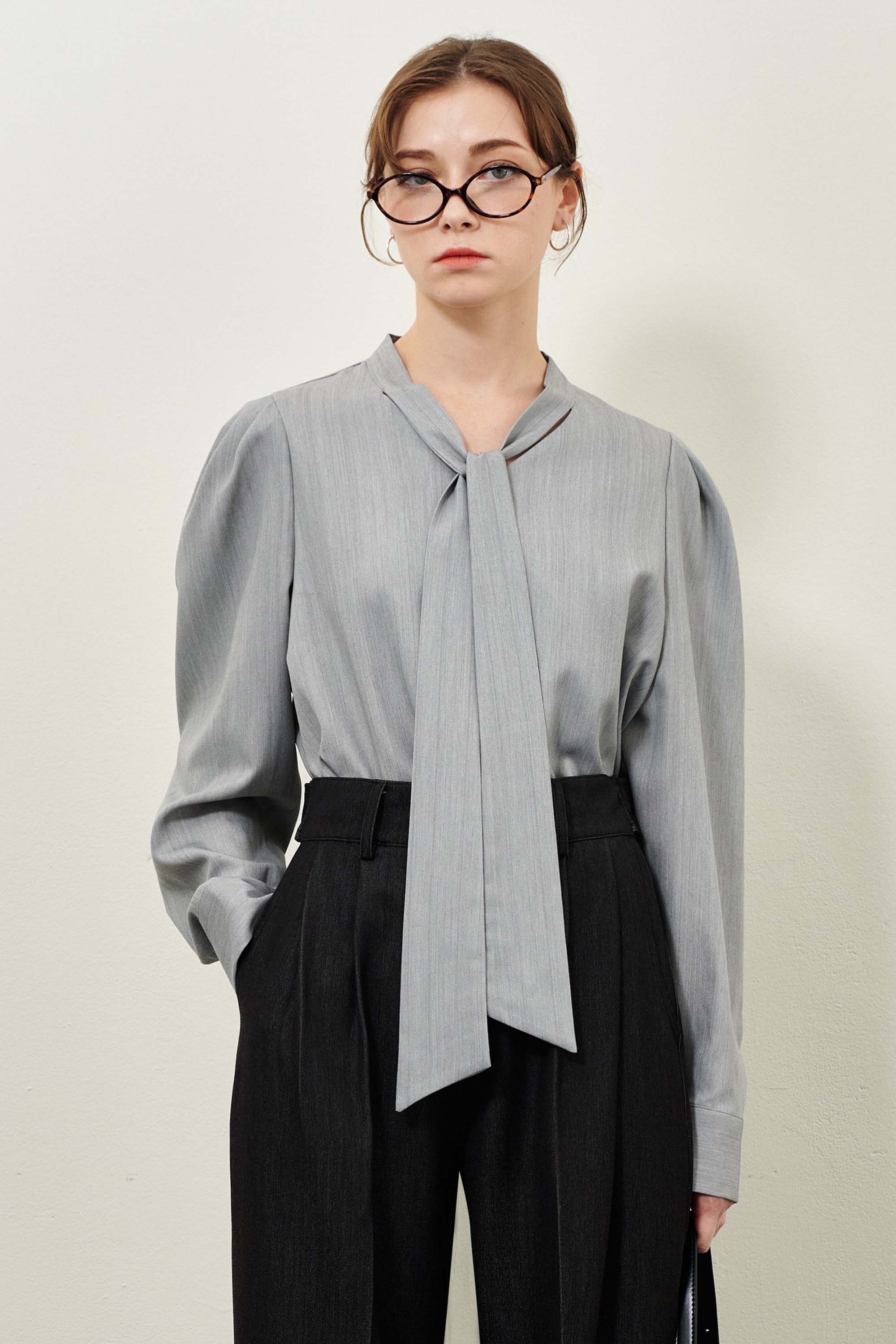 Basic Tie Blouse(Gray) - PLUNA STUDIO