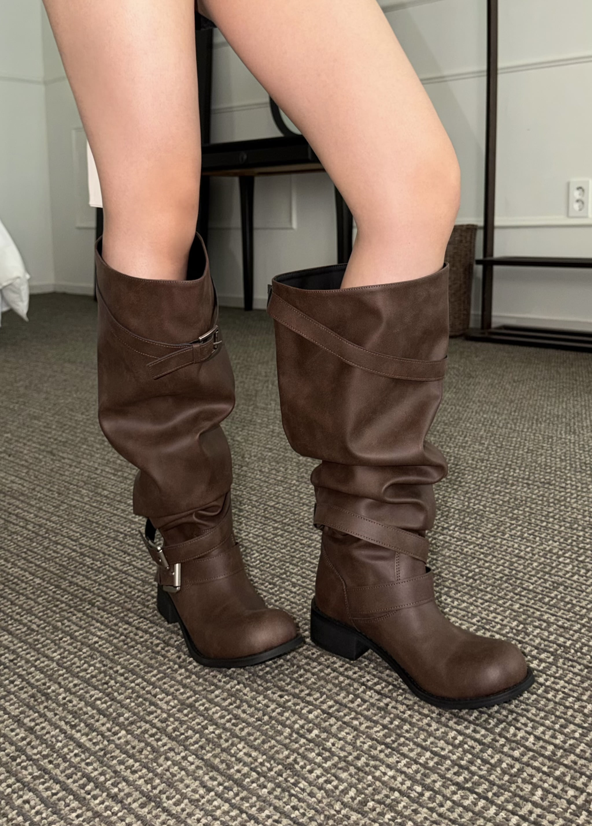Western Slouch Buckle Long Boots 2 COLORS