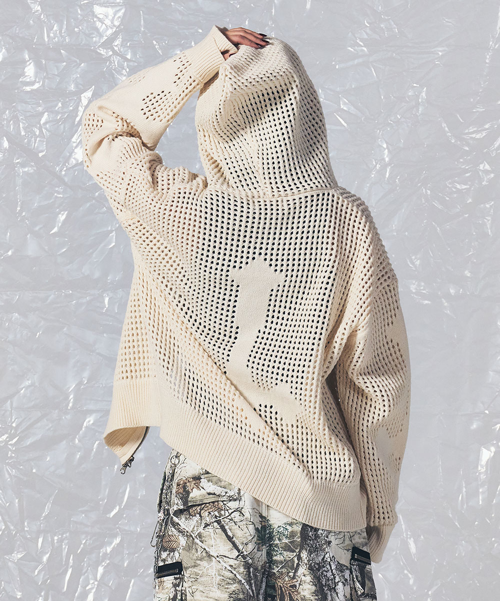 CROSS MESH ZIP HOODIE IVORY - SCHISM INDUCING