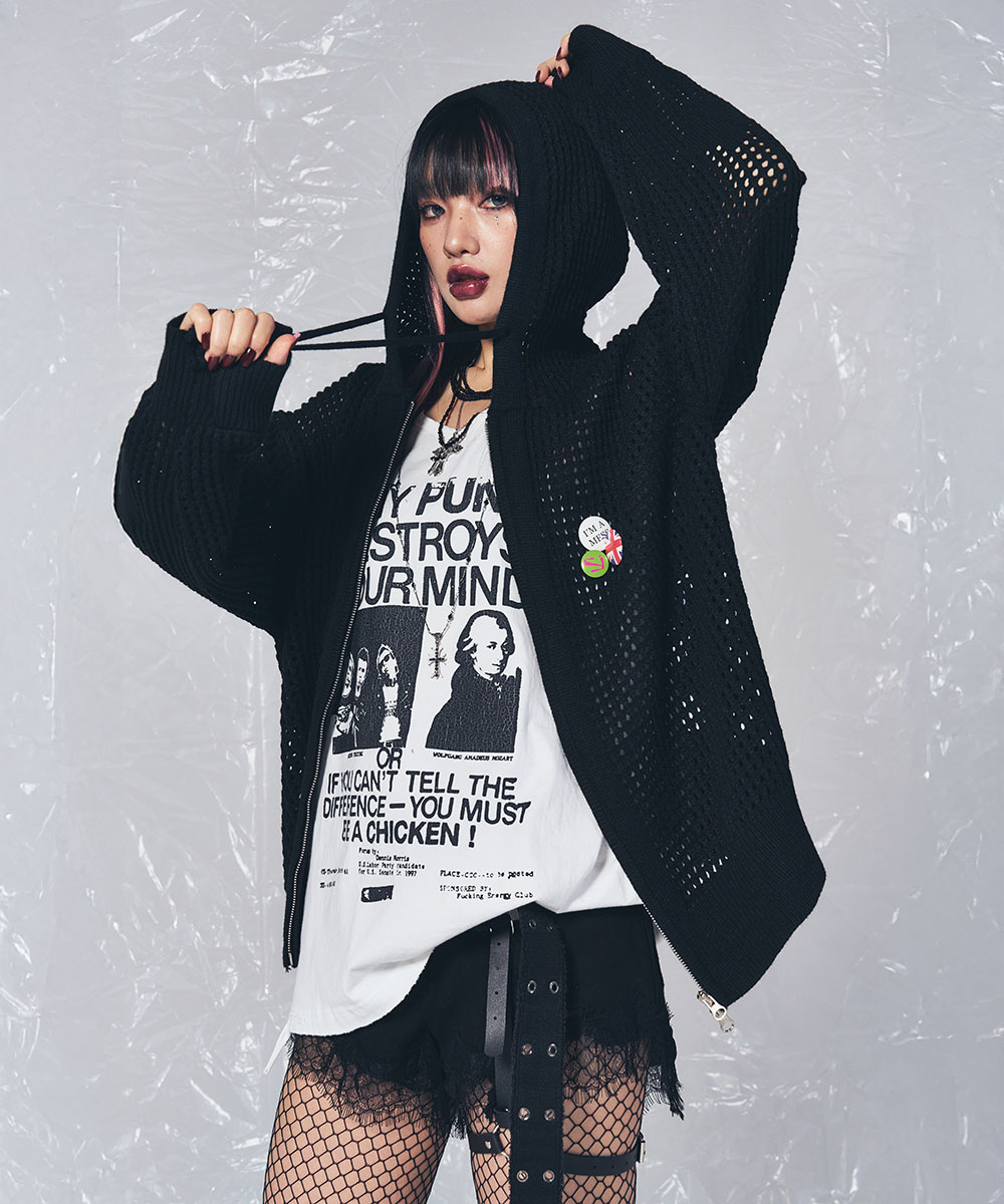 CROSS MESH ZIP HOODIE BLACK - SCHISM INDUCING