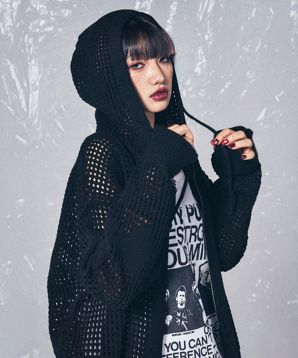 CROSS MESH ZIP HOODIE BLACK - SCHISM INDUCING