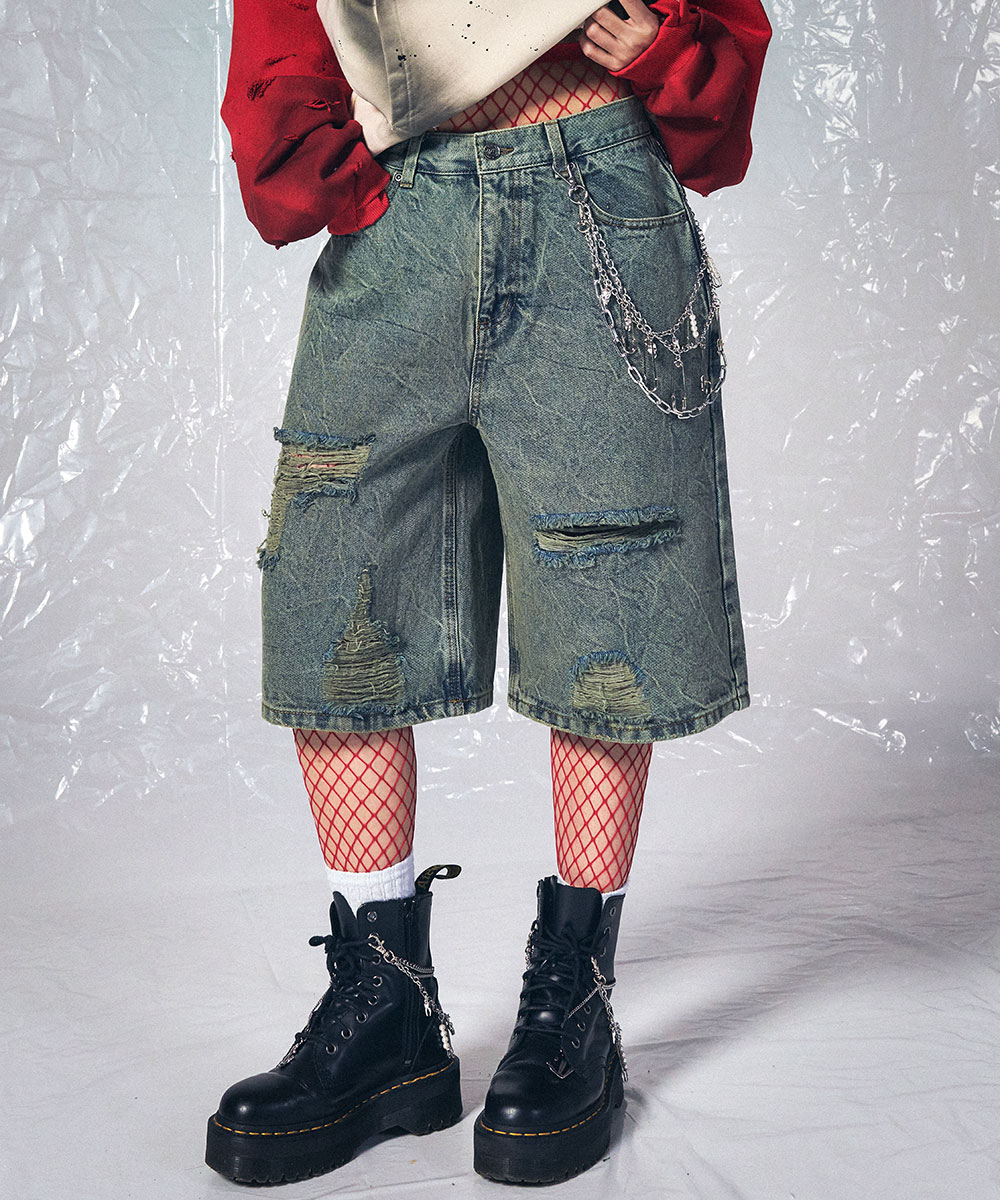 MUSINSA | SCHISM INDUCING DISTRESSED DENIM SHORTS, GREY