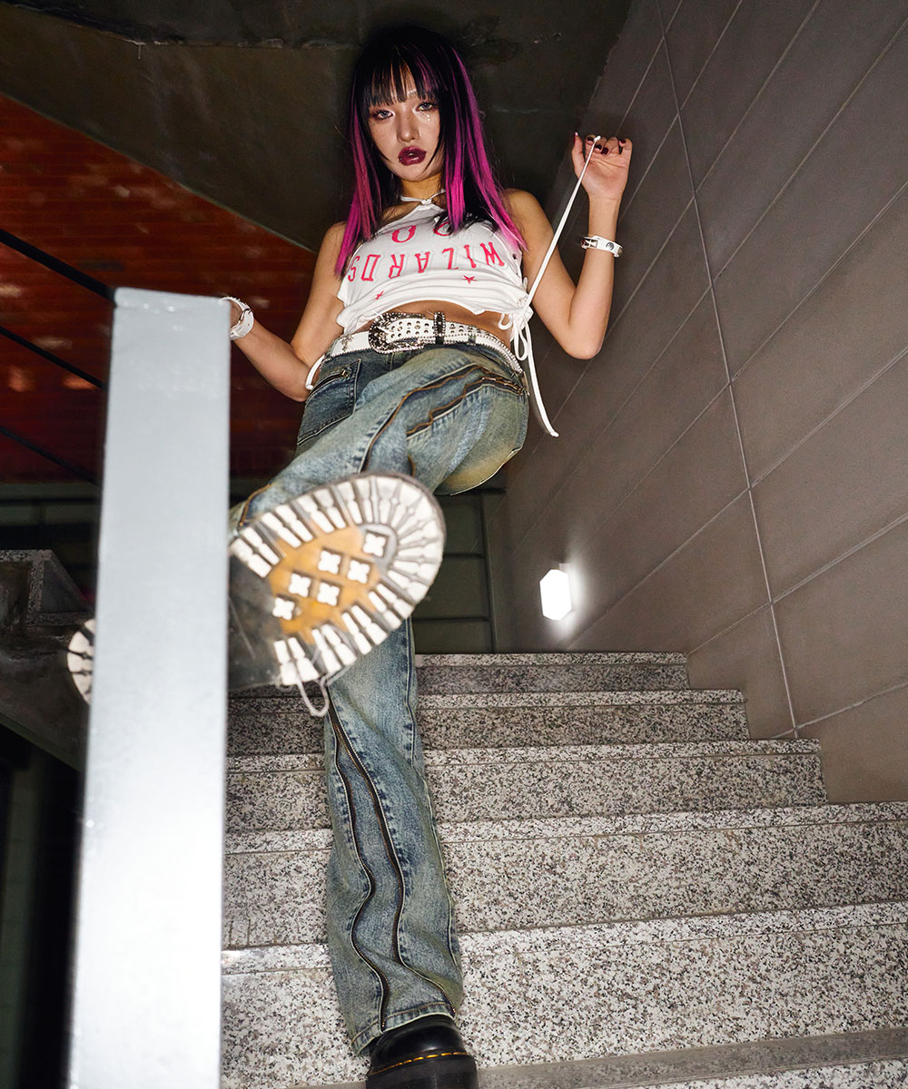 ZIPPER FLARED JEANS BLUE - SCHISM INDUCING