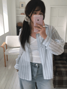 시어 스트라이프 간절기 시스루 남방 셔츠 - 파스텔 톤의 시원한 시스루 셔츠 제품 이미지