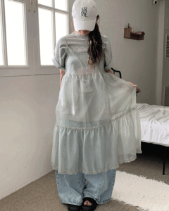 밀키 레이어드 쉬폰 캉캉 뷔스티에 나시 원피스 - 시원한 오간자 소재와 프릴 밑단이 돋보이는 레이어드 아이템