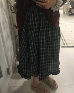 베니 빅 체크 프릴 캉캉 밴딩 롱 스커트