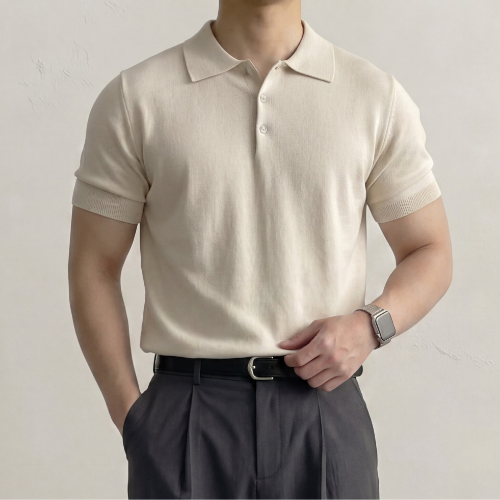 머슬핏 카라 넥 반팔 니트