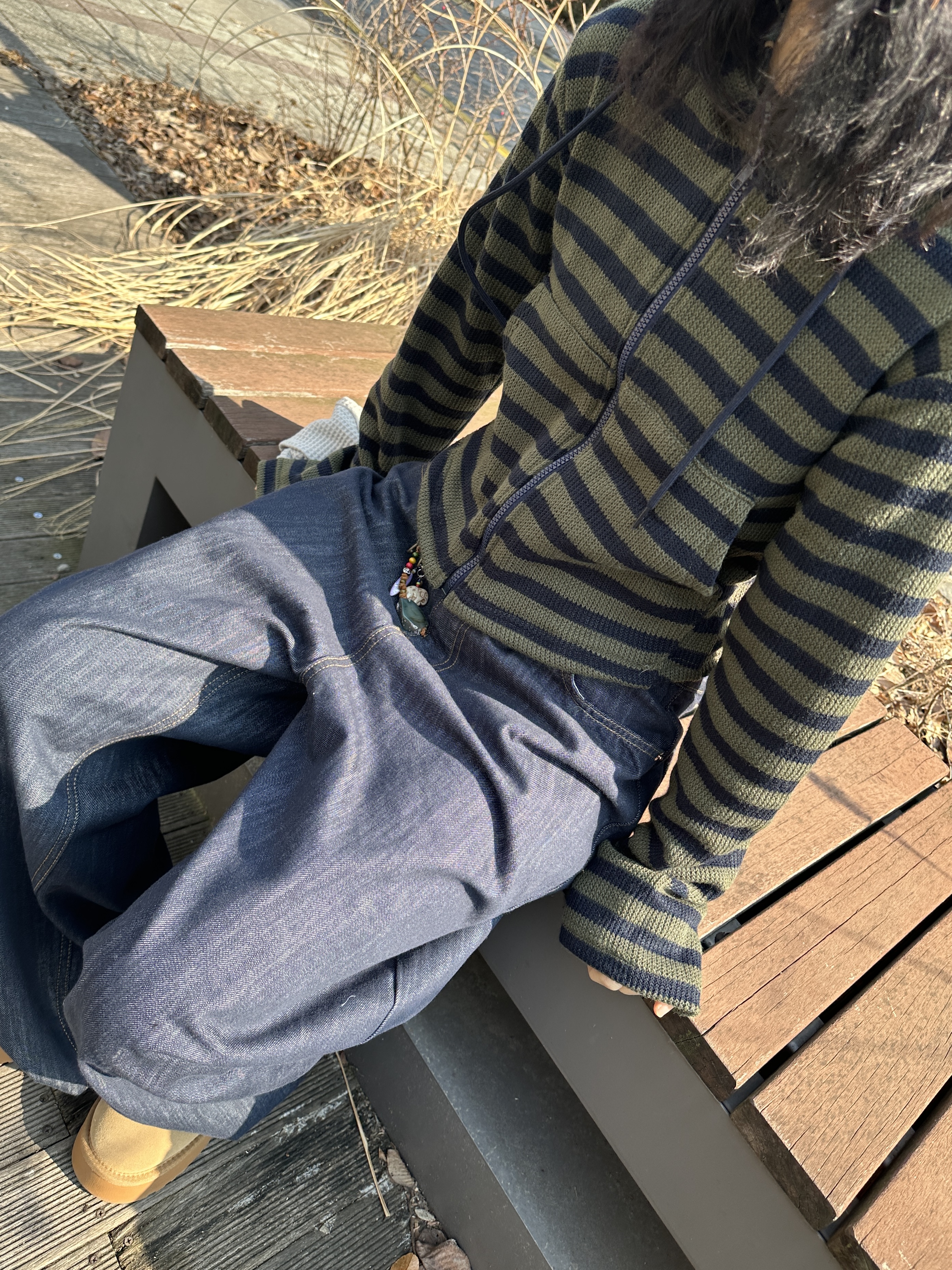 Stripe crop fleece lined hoodie zip-up /  스트라이프 크롭 기모 후드집업