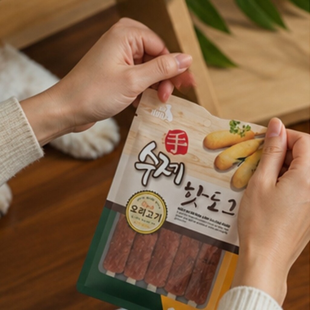 반려견 수제 핫도그 오리고기 간식 - 식용 콜라겐 케이싱으로 만든 5개입 제품 이미지
