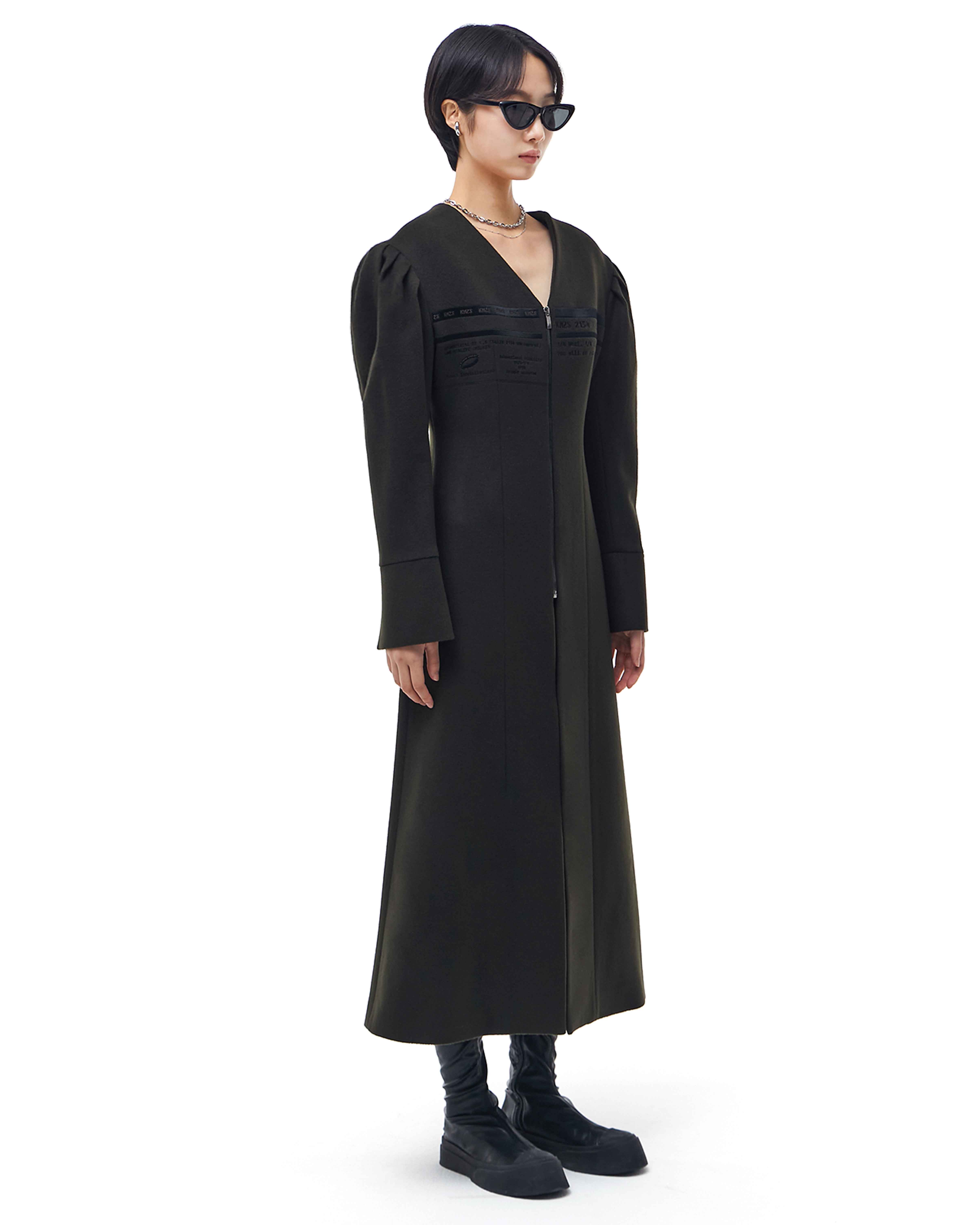 Collarless Long Wool Coat with Embroidery _ Navy