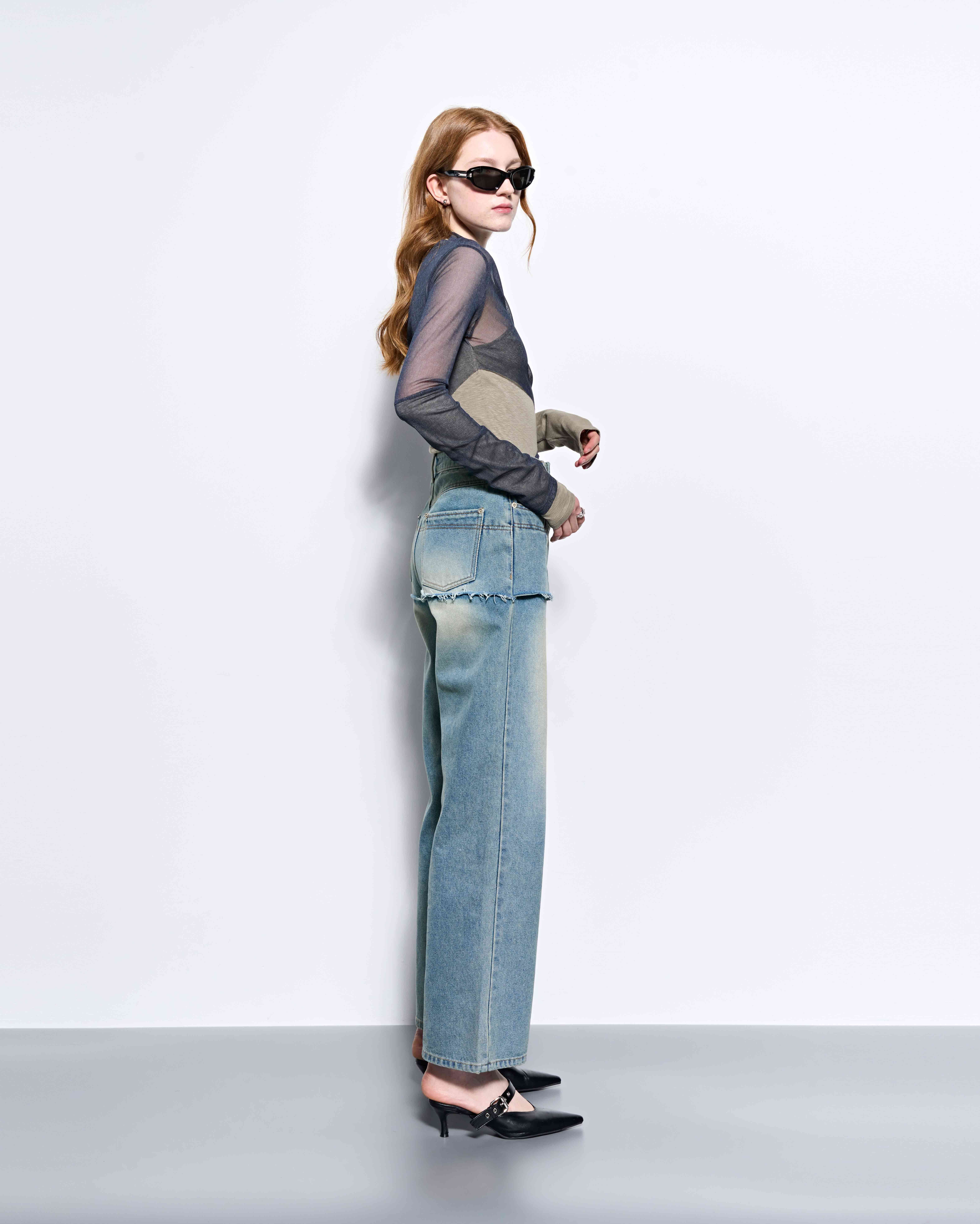 (Recycled) Distressed Denim Layered Wide Pants_Blue