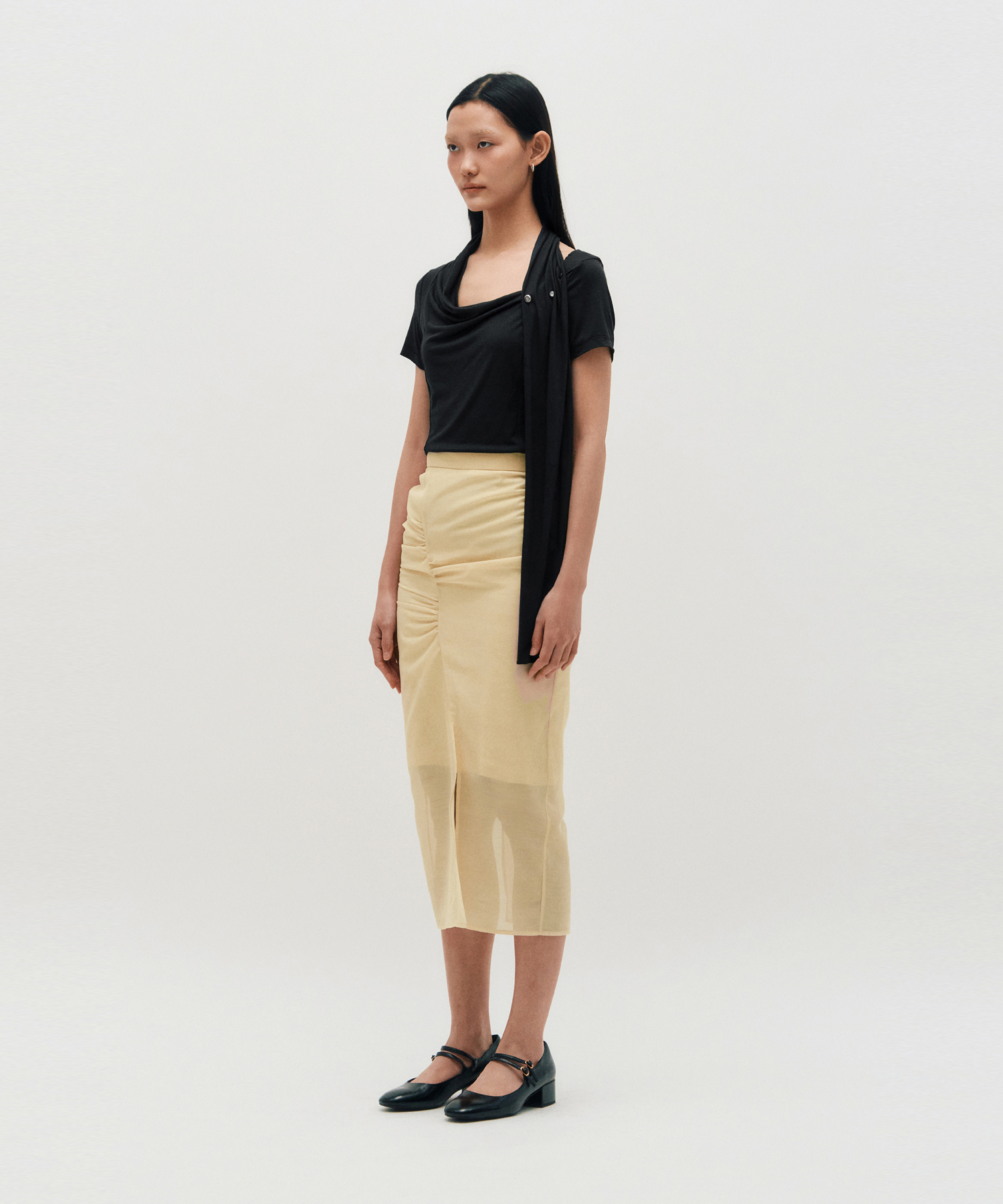 スカート Siyazu SIST9036 Naked Banding Skirt_Skin beige Signature 3/4 Cropped Shirt Jacket - Textured Edition