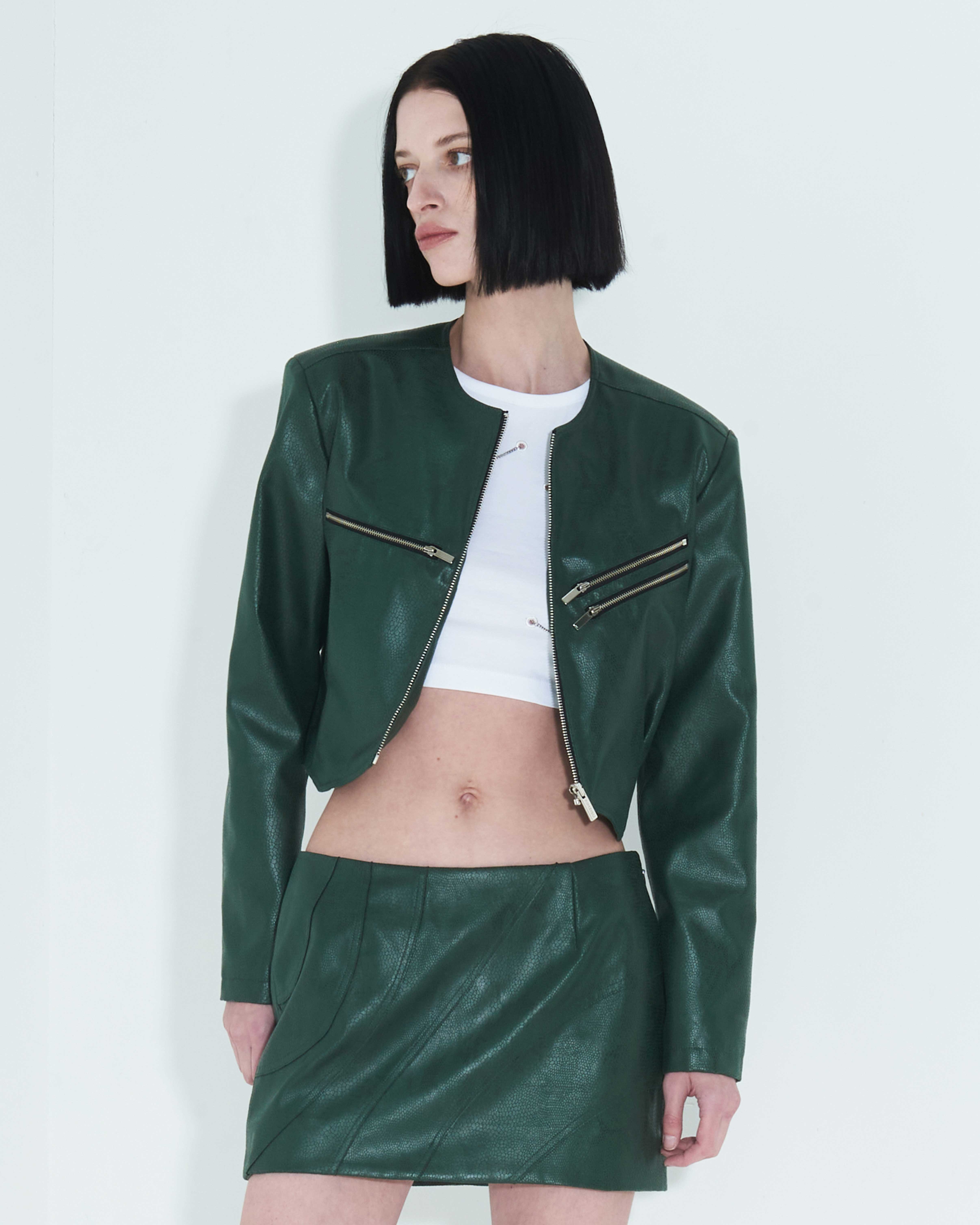 Faux-Leather Cropped Zip-Up Jacket _ Green