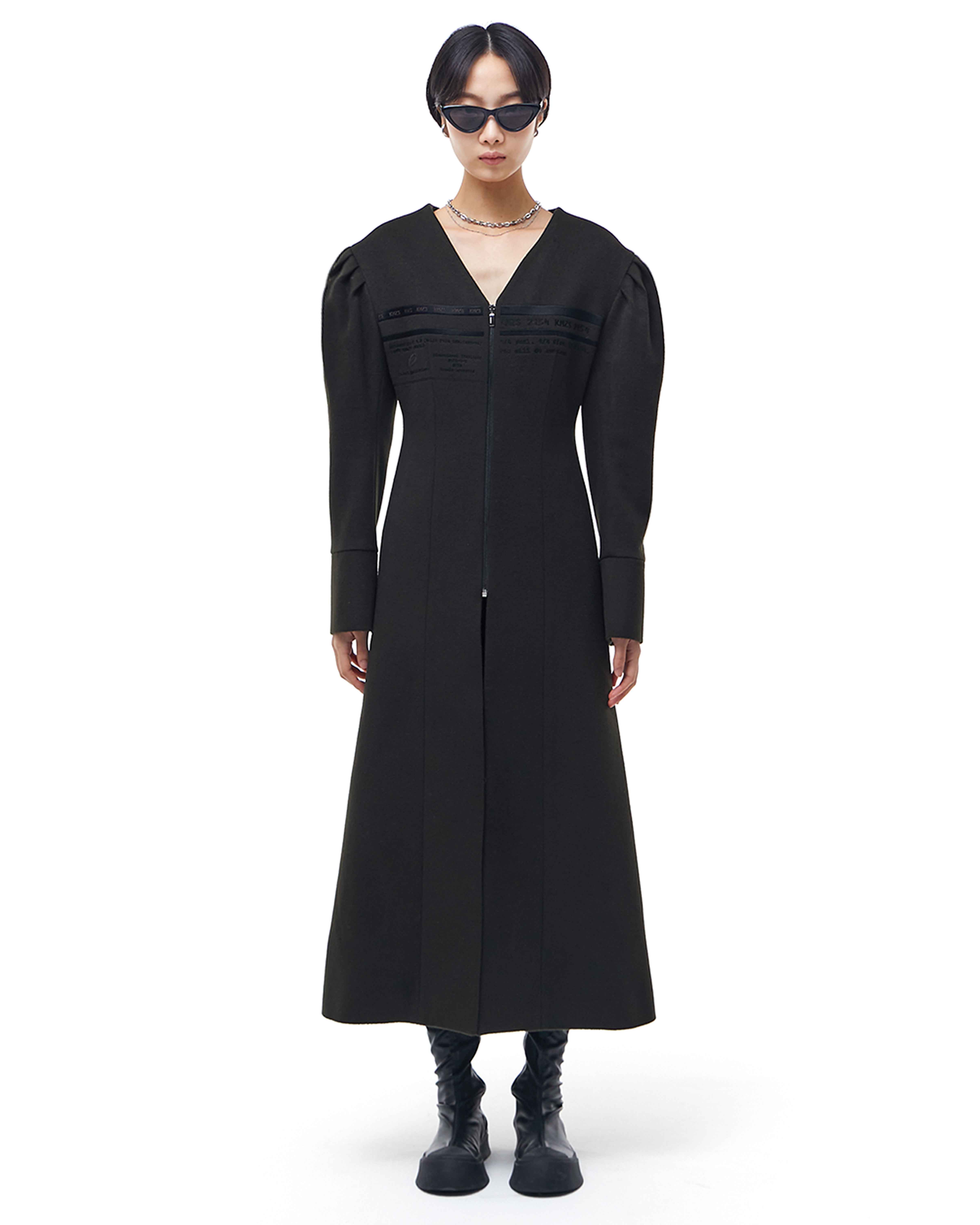 Collarless Long Wool Coat with Embroidery _ Navy