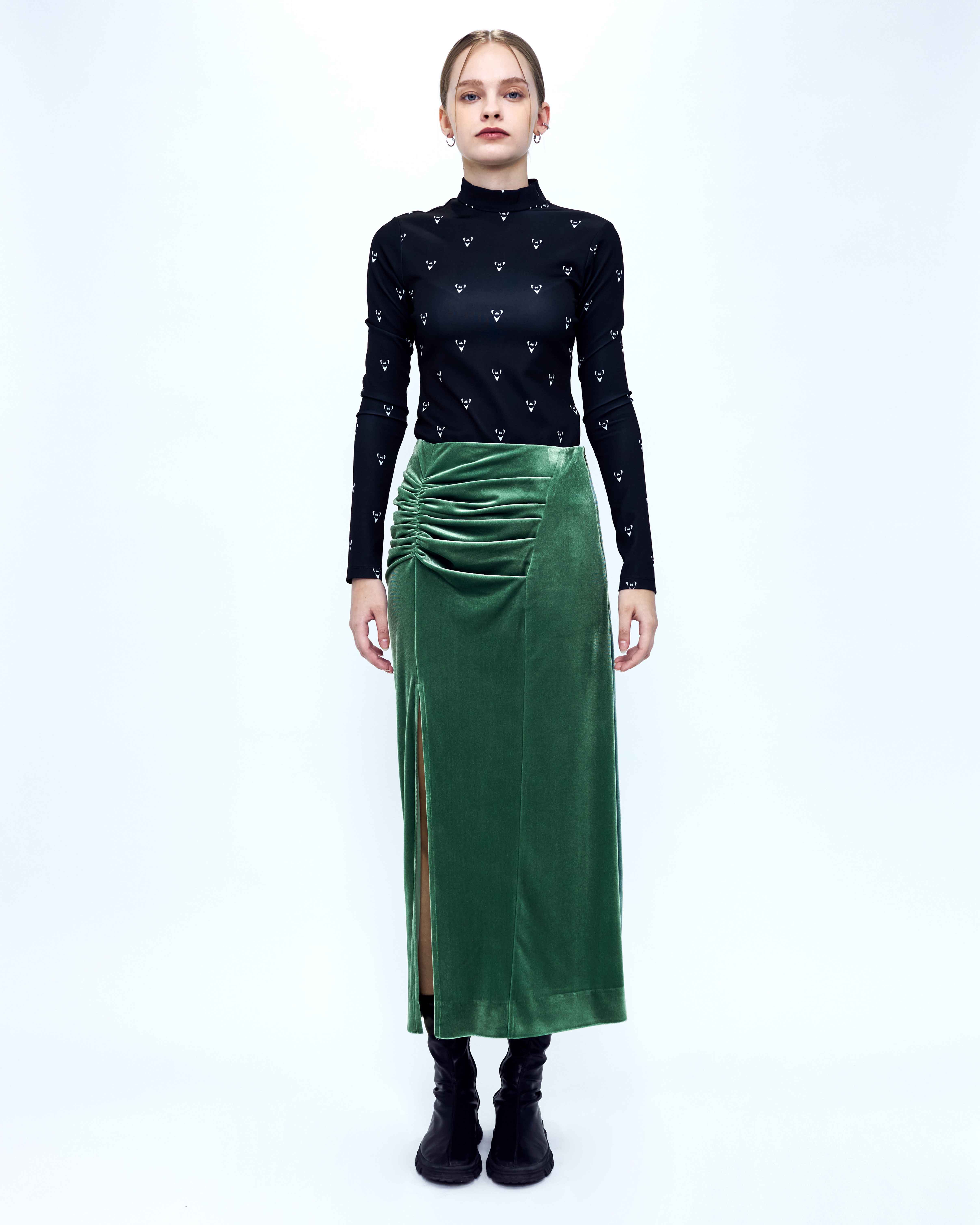 Velvet Draped Slit Long Skirt _ Green
