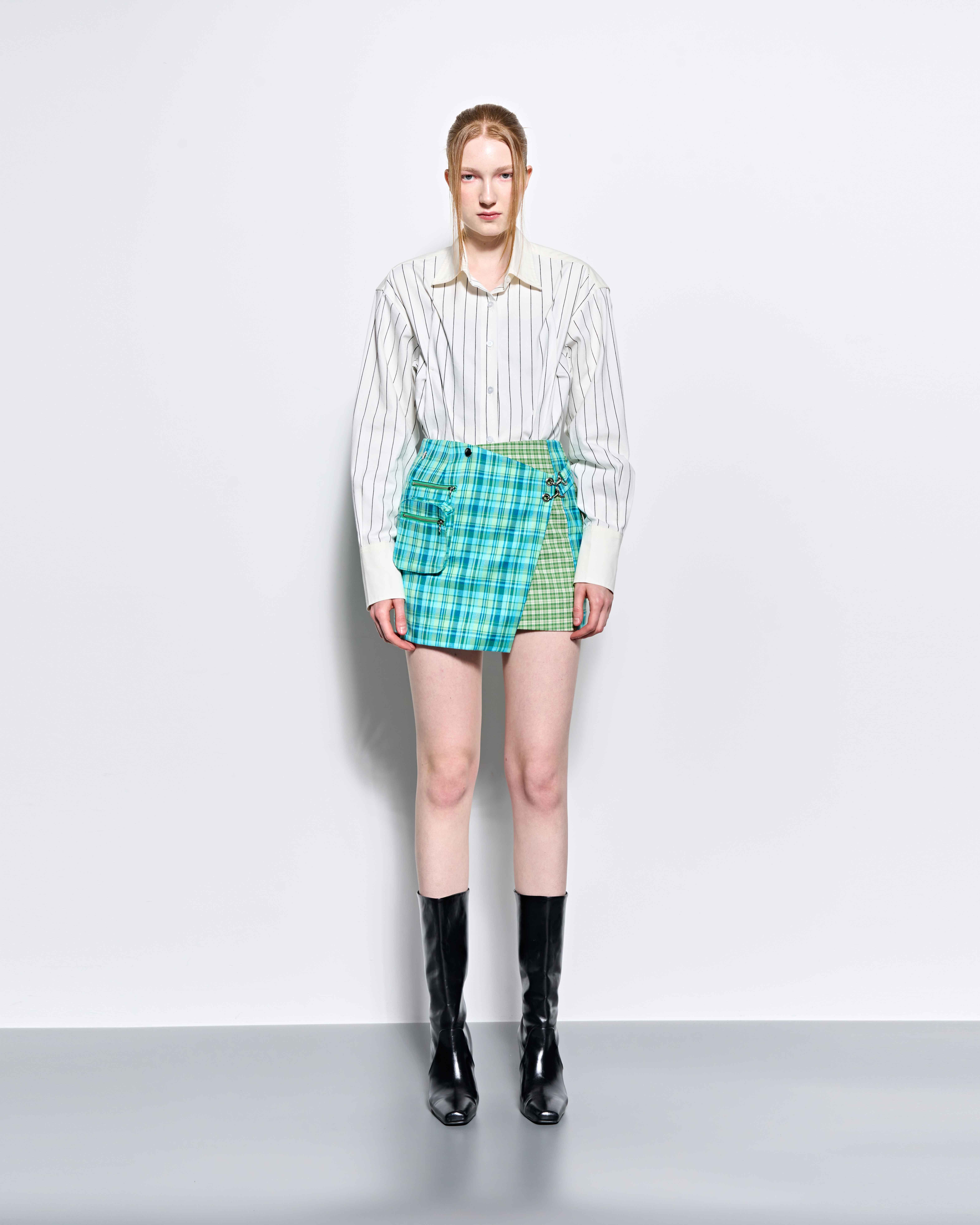 Check Panelled Mini Wrap Skirt_Green