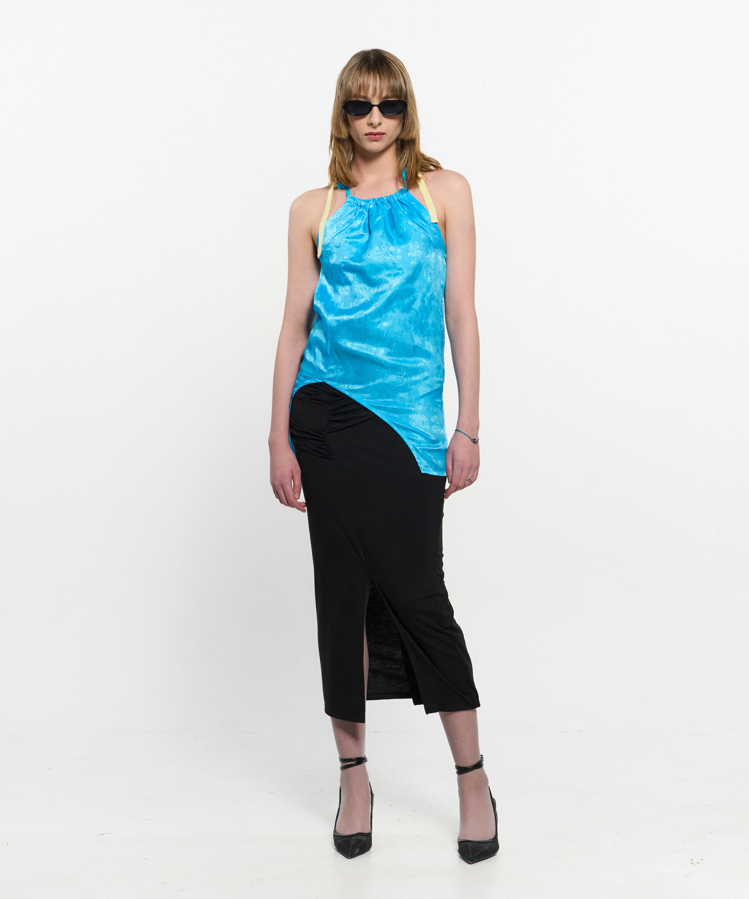 Shirring Layered Slit Skirt _ BLACK