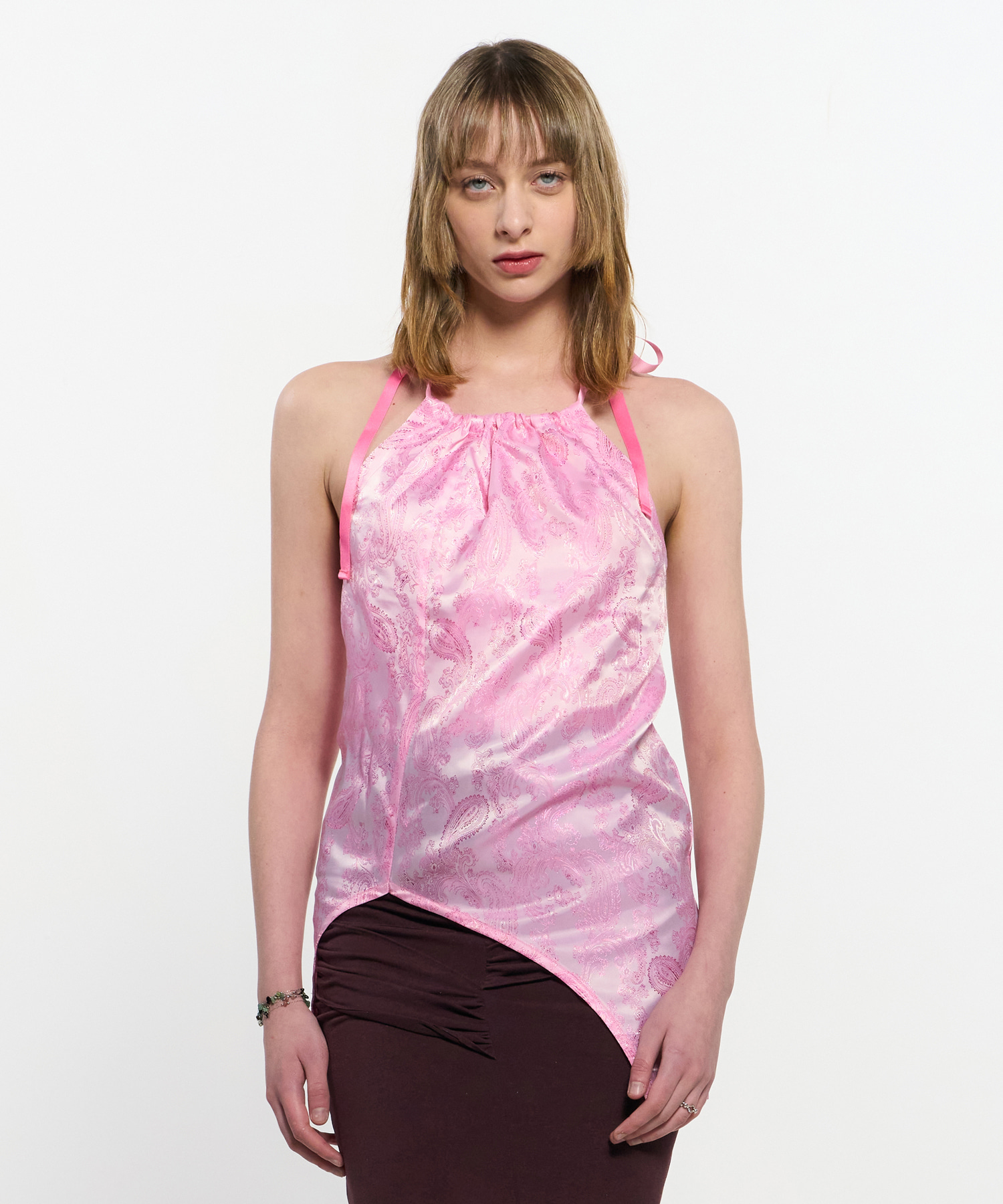 Two Tone Ribbon Paisely Halter-neck Top _ PINK