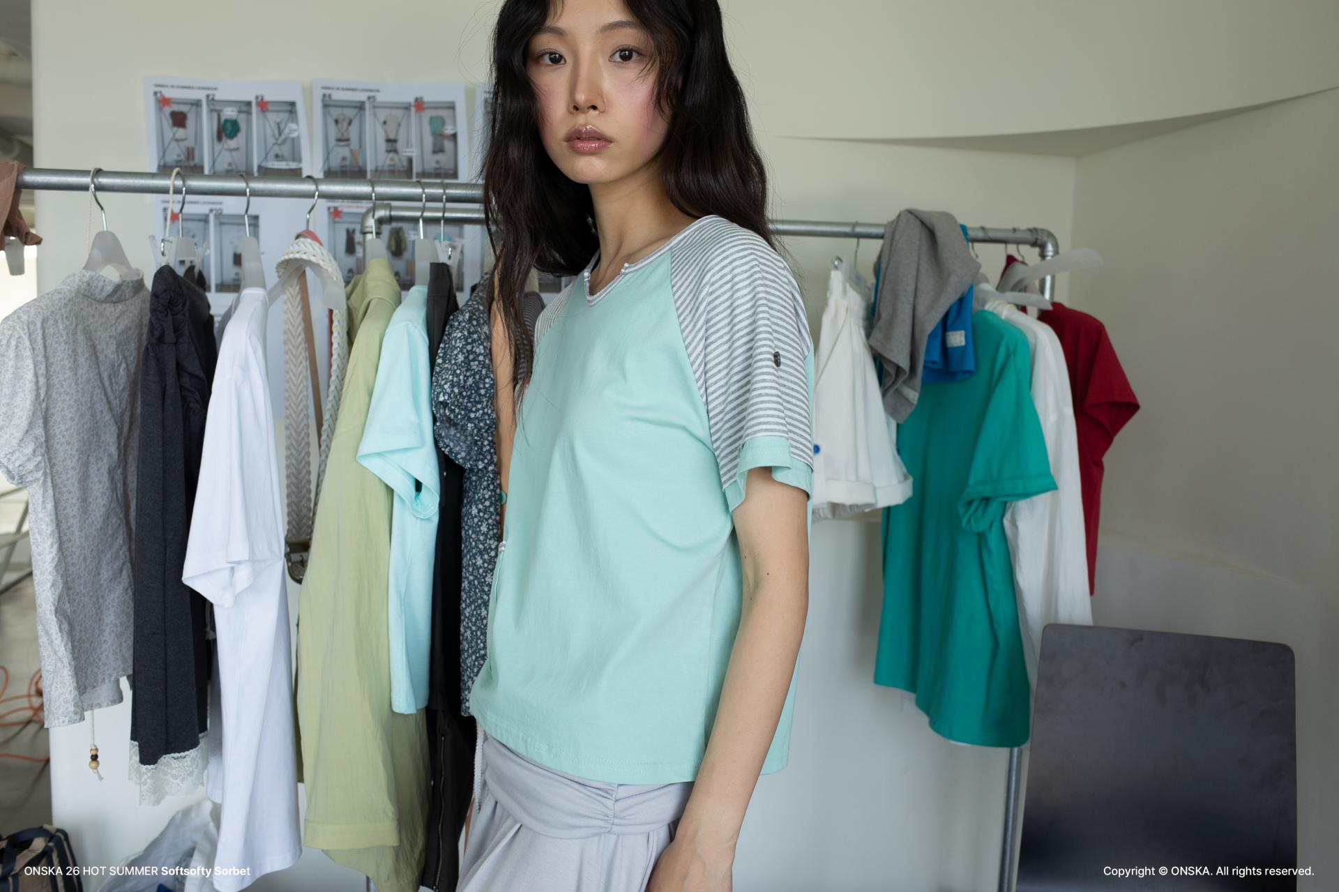 BUTTON DOUBLE SLEEVE T (MINT CHOCO)