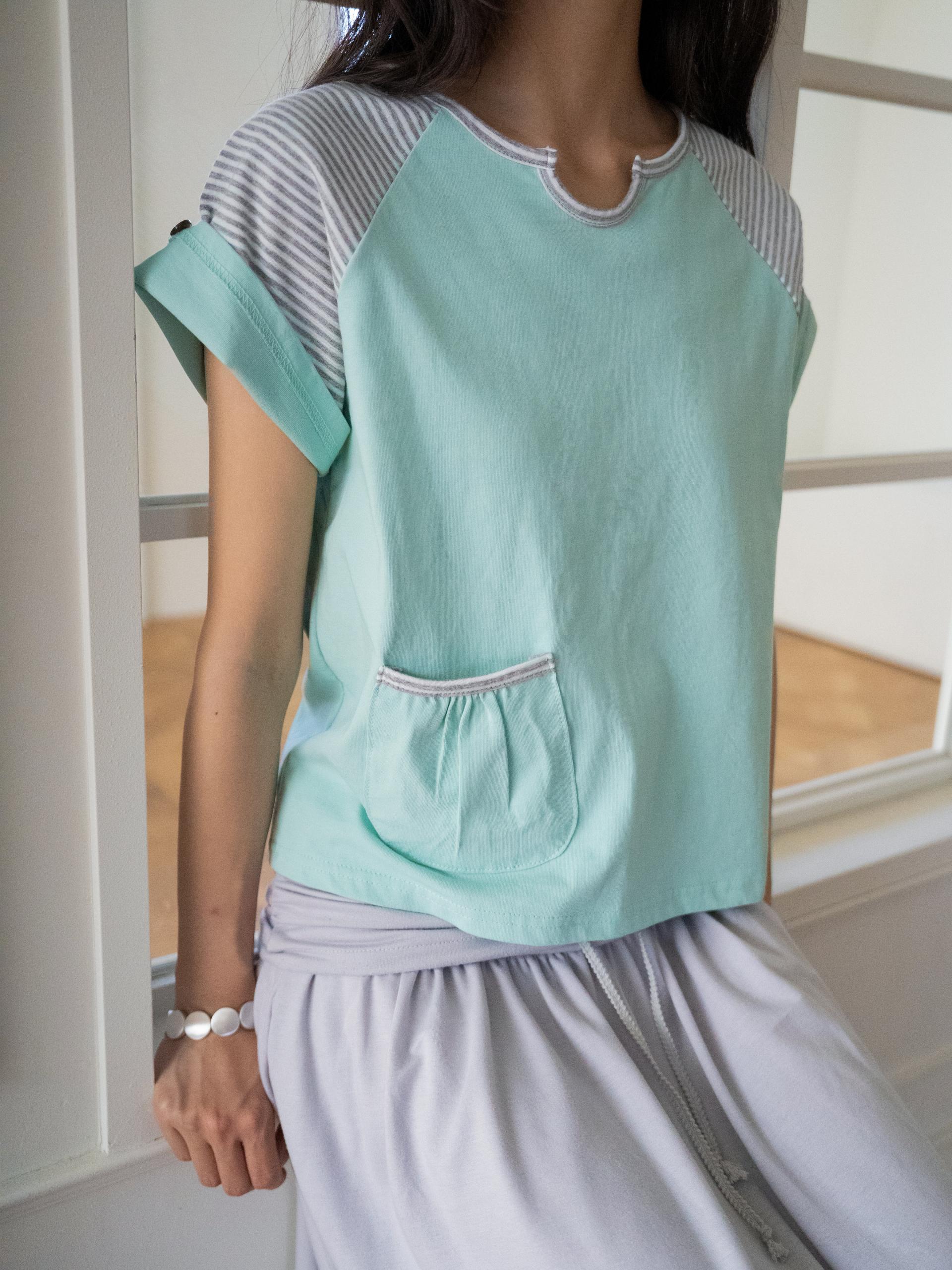 BUTTON DOUBLE SLEEVE T (MINT CHOCO)