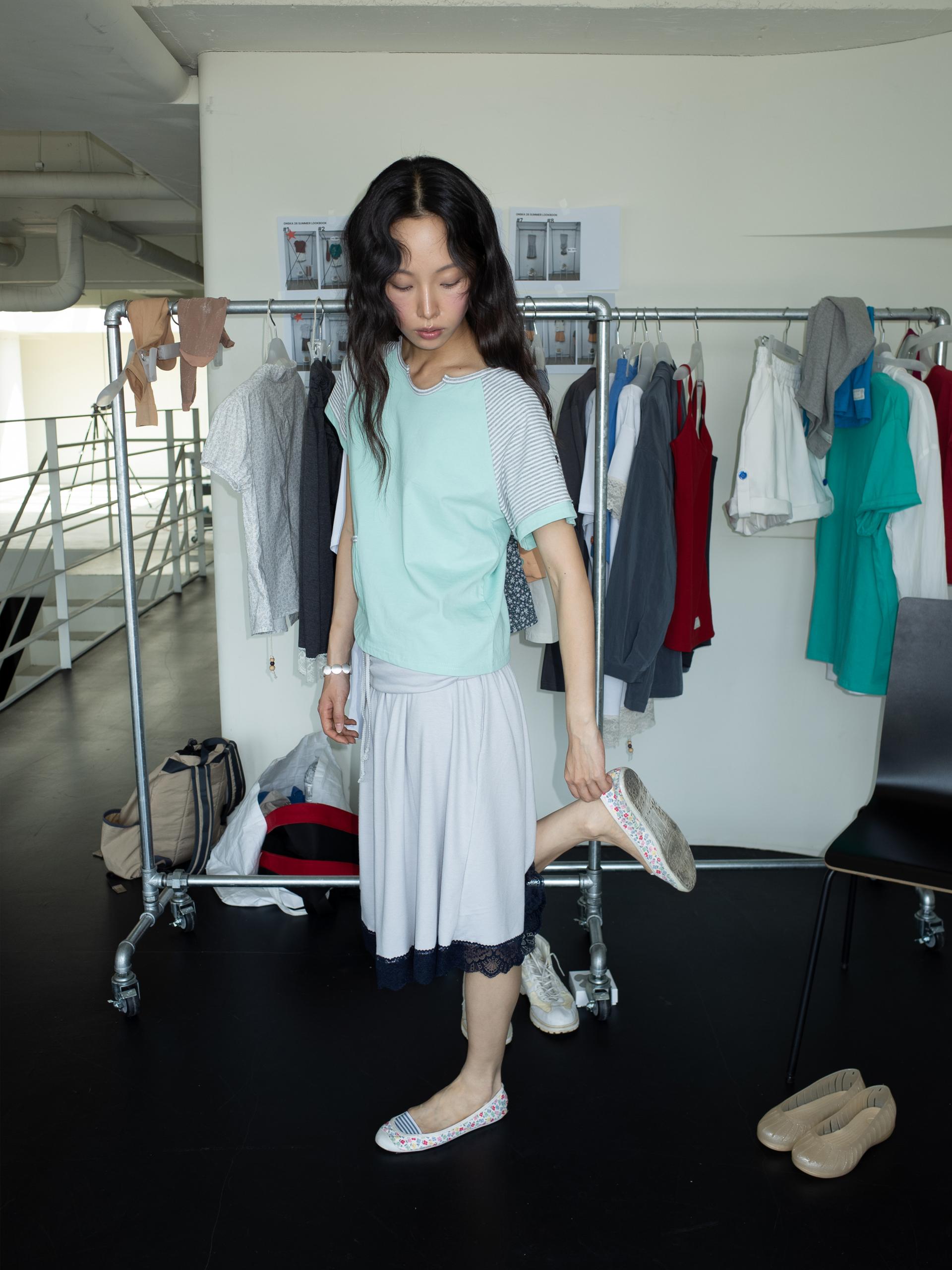 BUTTON DOUBLE SLEEVE T (MINT CHOCO)
