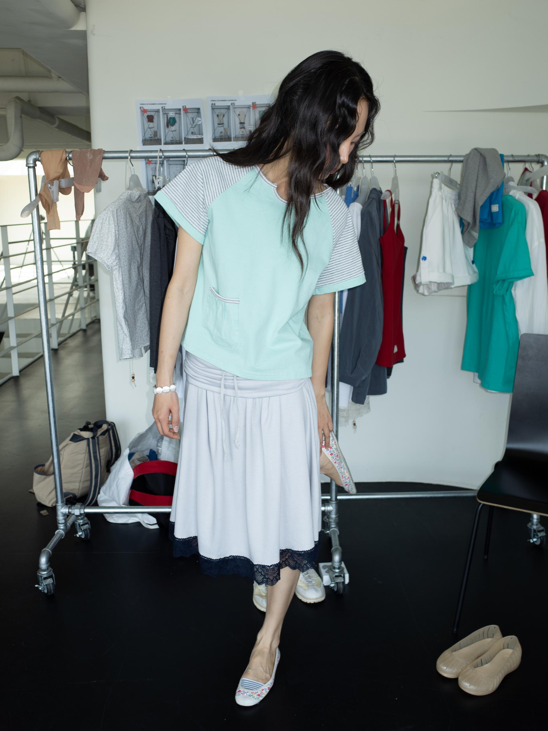 BUTTON DOUBLE SLEEVE T (MINT CHOCO)