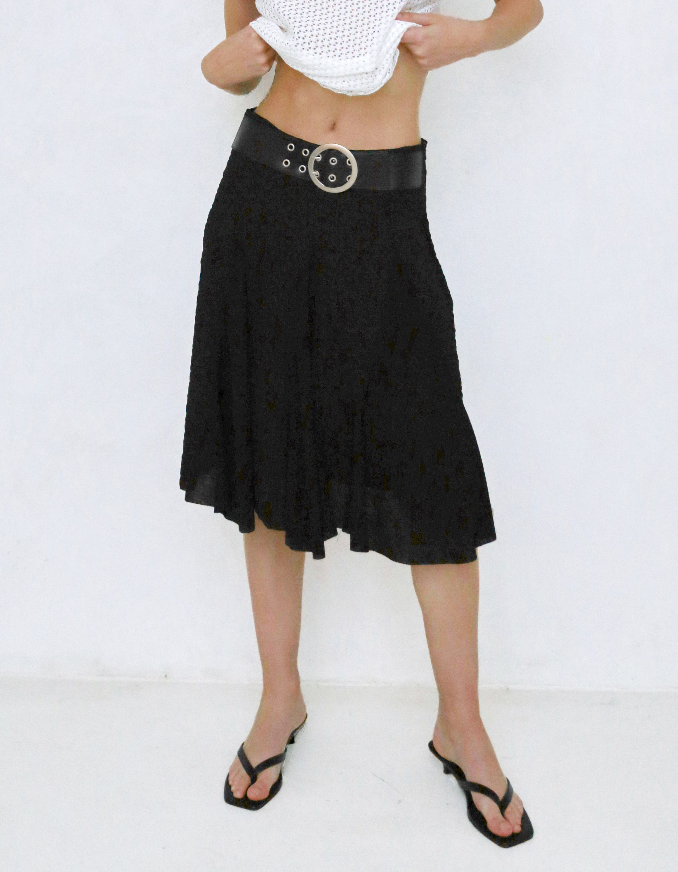 ★POLYSOOEM★ FLOWER BELTED SKIRT FLOWER BELTED SKIRT, BLACK - polysooem