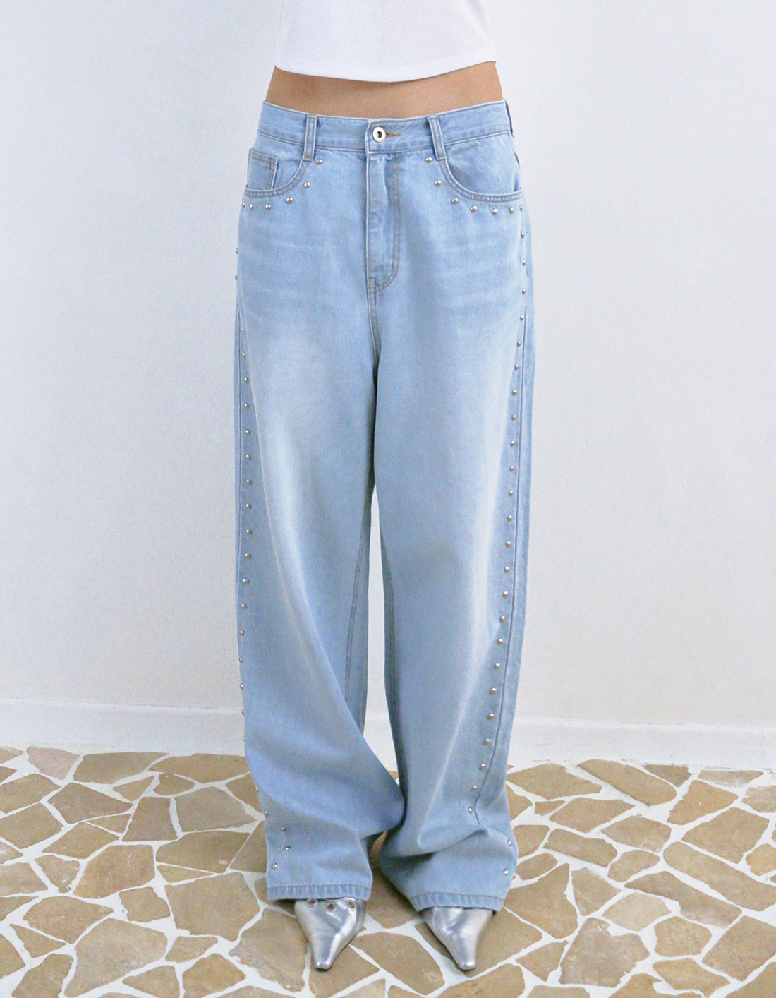 【Polysooem】WARM STUDDED WASHED JEANS WARM STUDDED WASHED JEANS, BLACK - polysooem