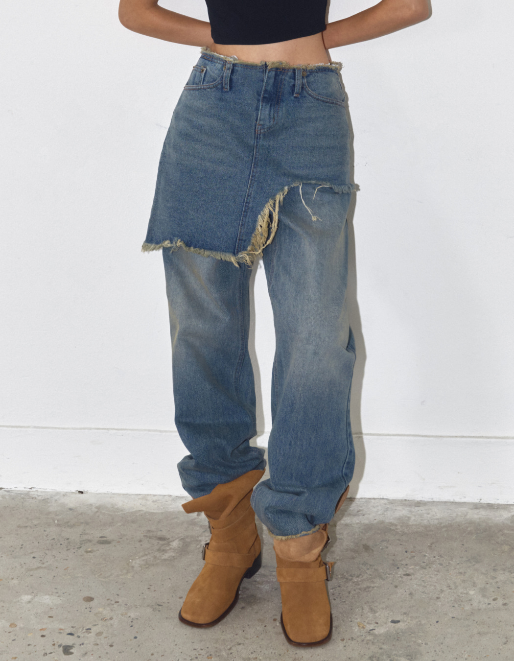 polysooem★韓国★LAYERED SKIRT WITH FRAYED JEANS, DENIM BLUE Designer fashion, Seoul-fully created | W Concept