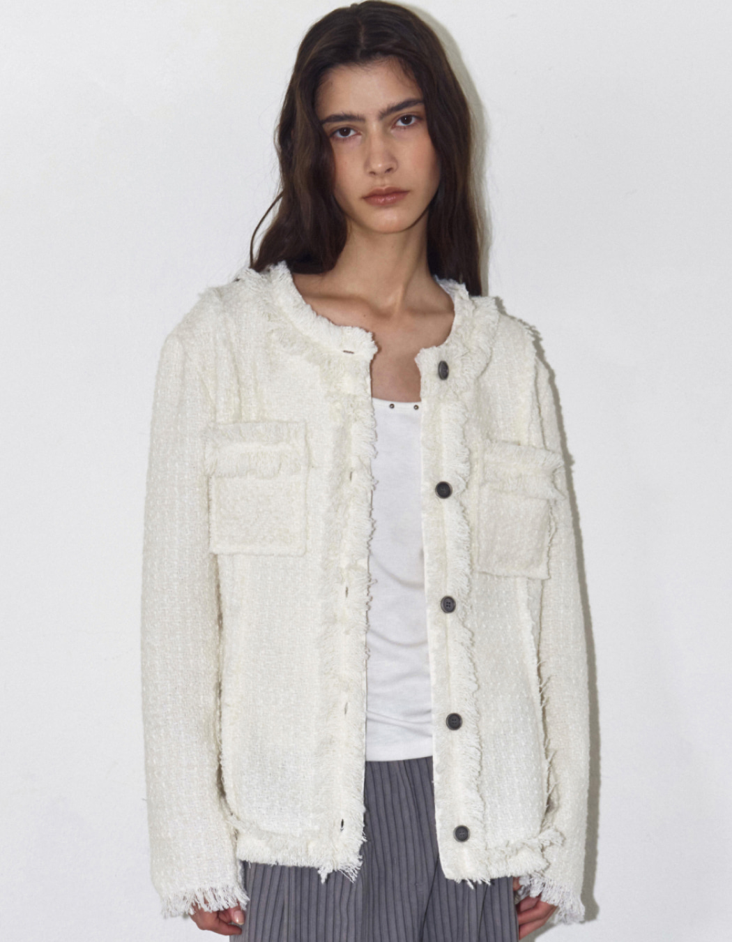 Lisbeth Long Sleeve Fringed Tweed Jacket
