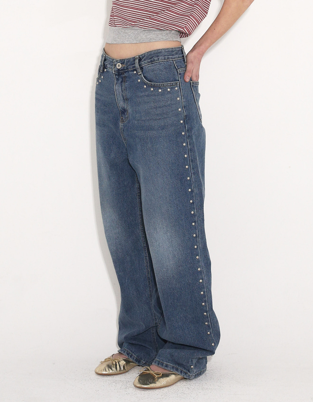 【Polysooem】WARM STUDDED WASHED JEANS WARM STUDDED WASHED JEANS, BLACK - polysooem