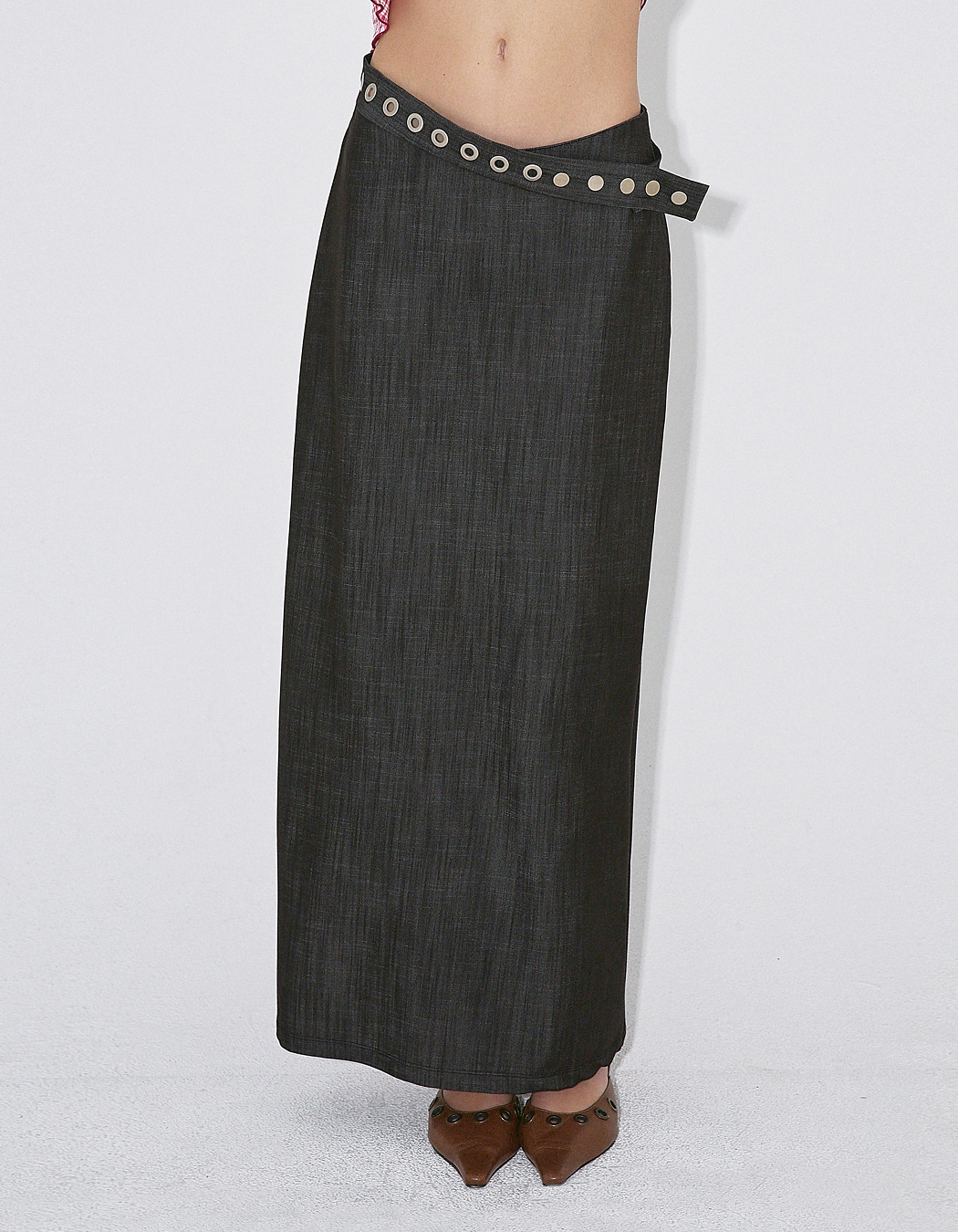 スカート Polysooem : 25SS / DENIM EYELET BELTED SLIT SKIRT (BLACK) DENIM EYELET BELTED SLIT SKIRT, BLACK - polysooem