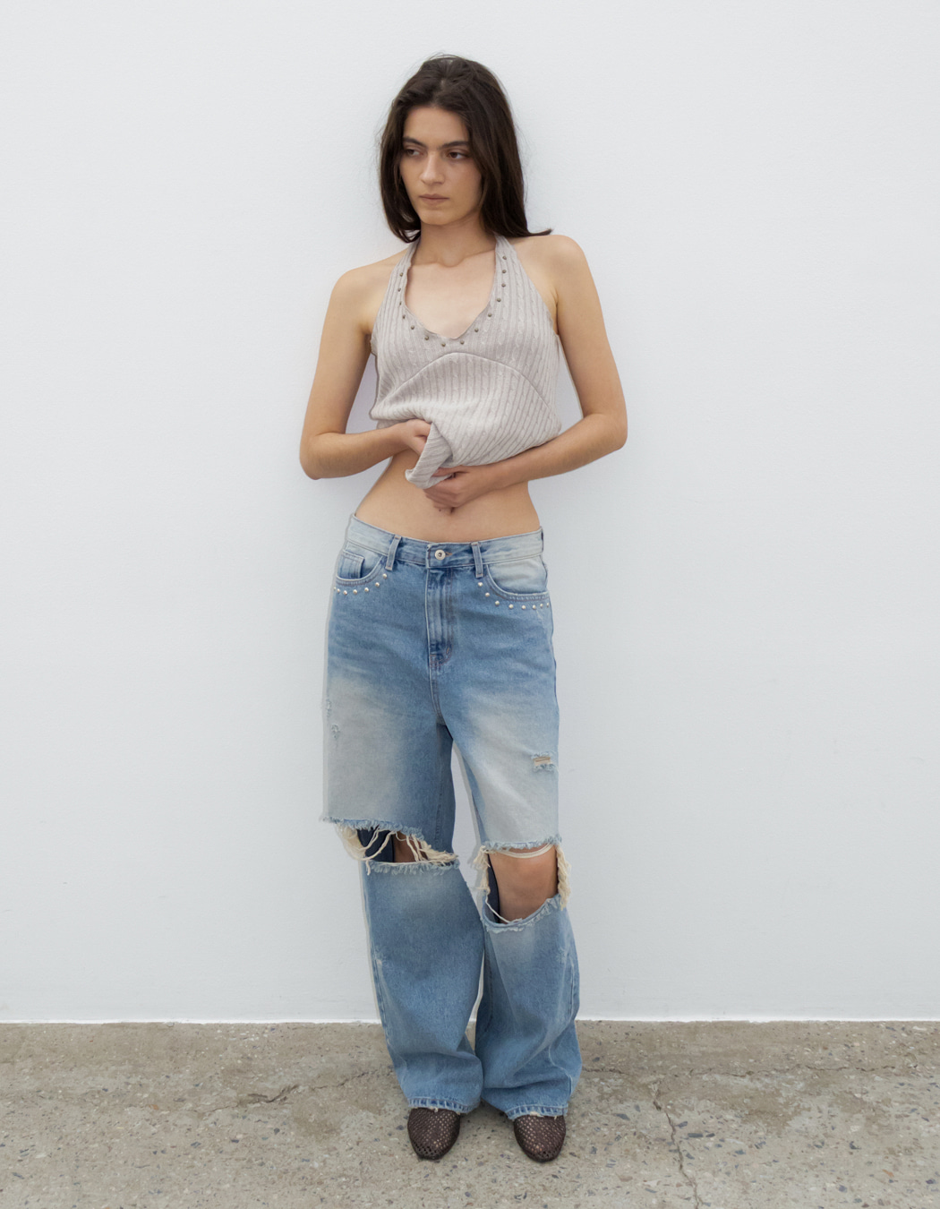 パンツ Polysooem SS STUDDED WASHED JEANS BLUE STUDDED DISTRESSED JEANS, LIGHT BLUE - polysooem