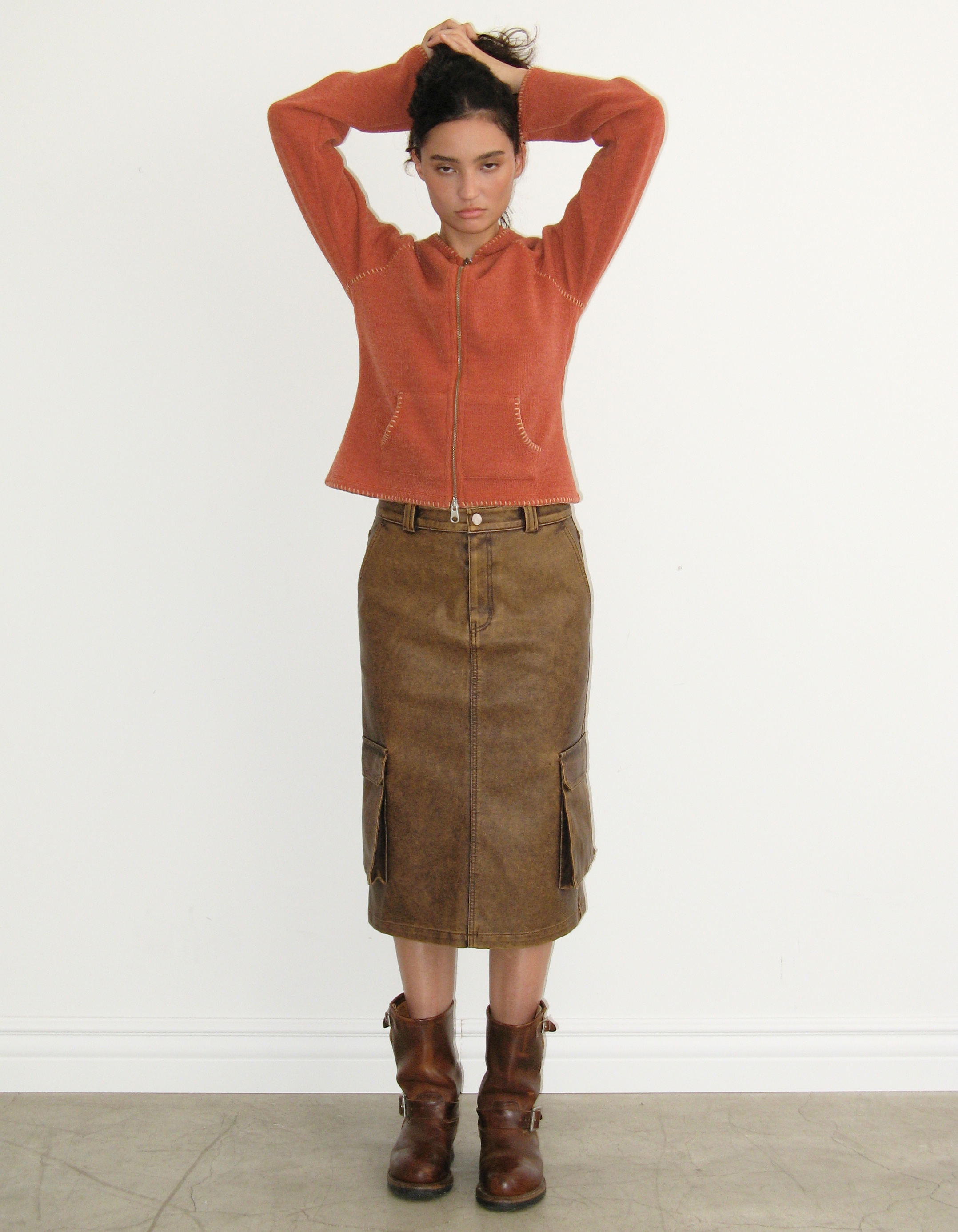 WASHED LEATHER CARGO SKIRT, BROWN - polysooem