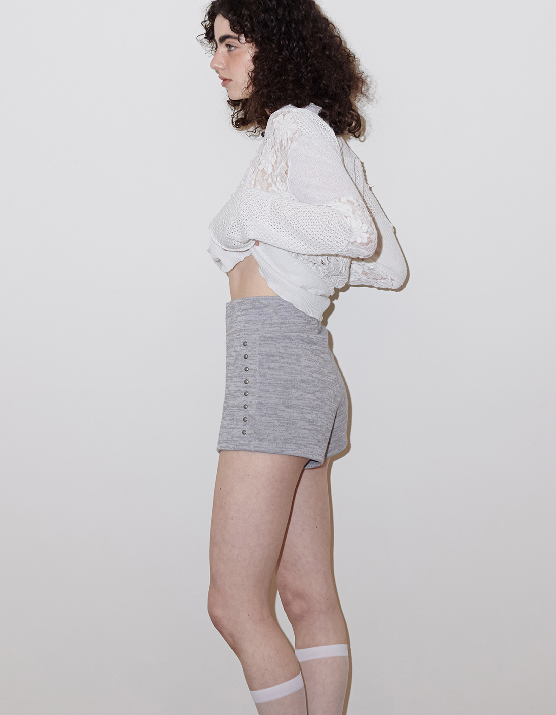 ショートパンツ 25SS [POLYSOOEM] Studded Dolphin Shorts - Grey STUDDED DOLPHIN SHORTS, GRAY - polysooem