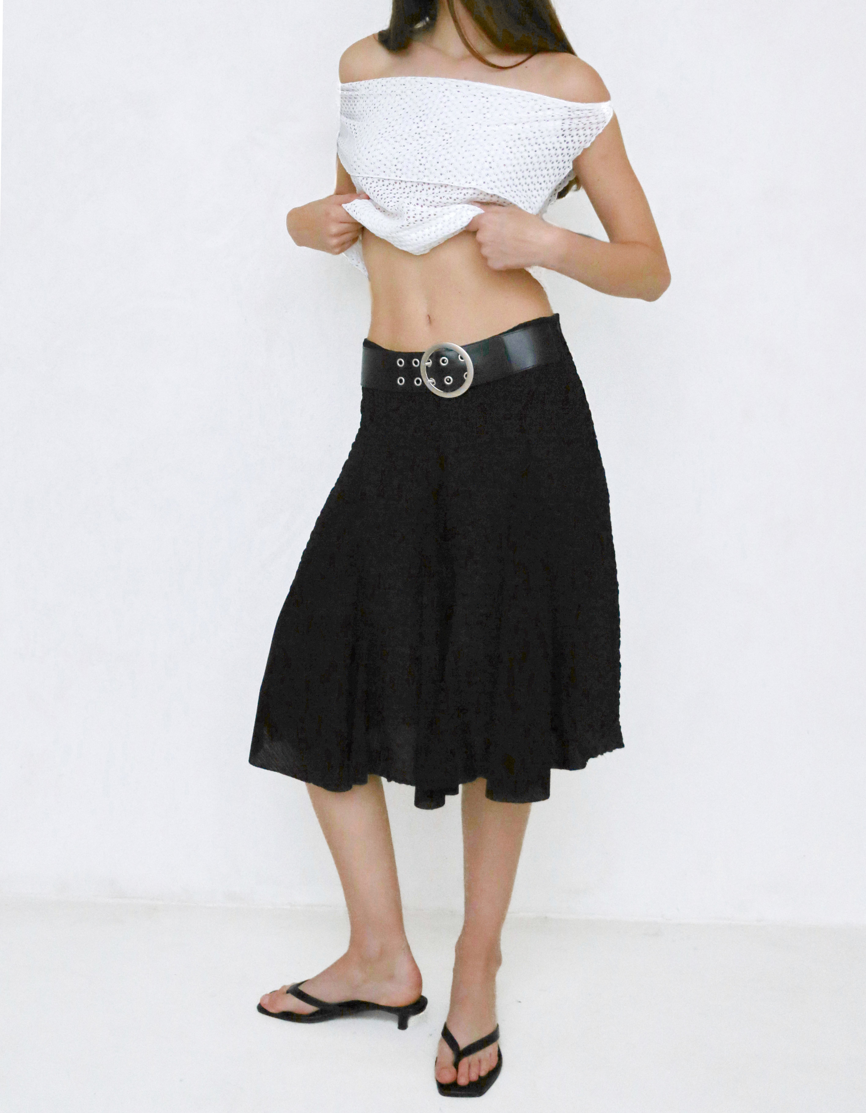 ★POLYSOOEM★ FLOWER BELTED SKIRT FLOWER BELTED SKIRT, BLACK - polysooem